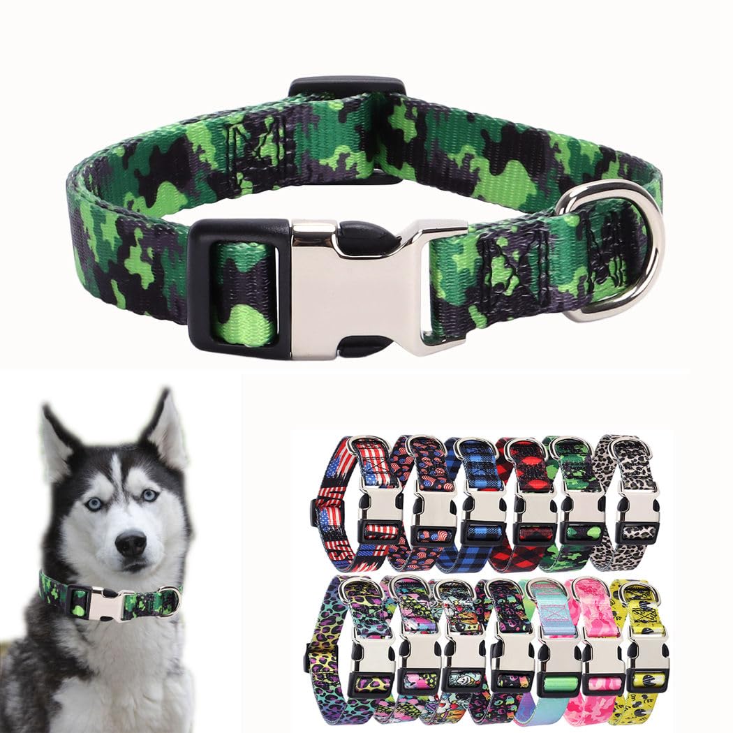 Green Camo Dog Collars For Large Dogs, Pretty Pattern Camouflage Dog Collar Metal Buckle Durable Soft Boy Puppy Collars For Xsma