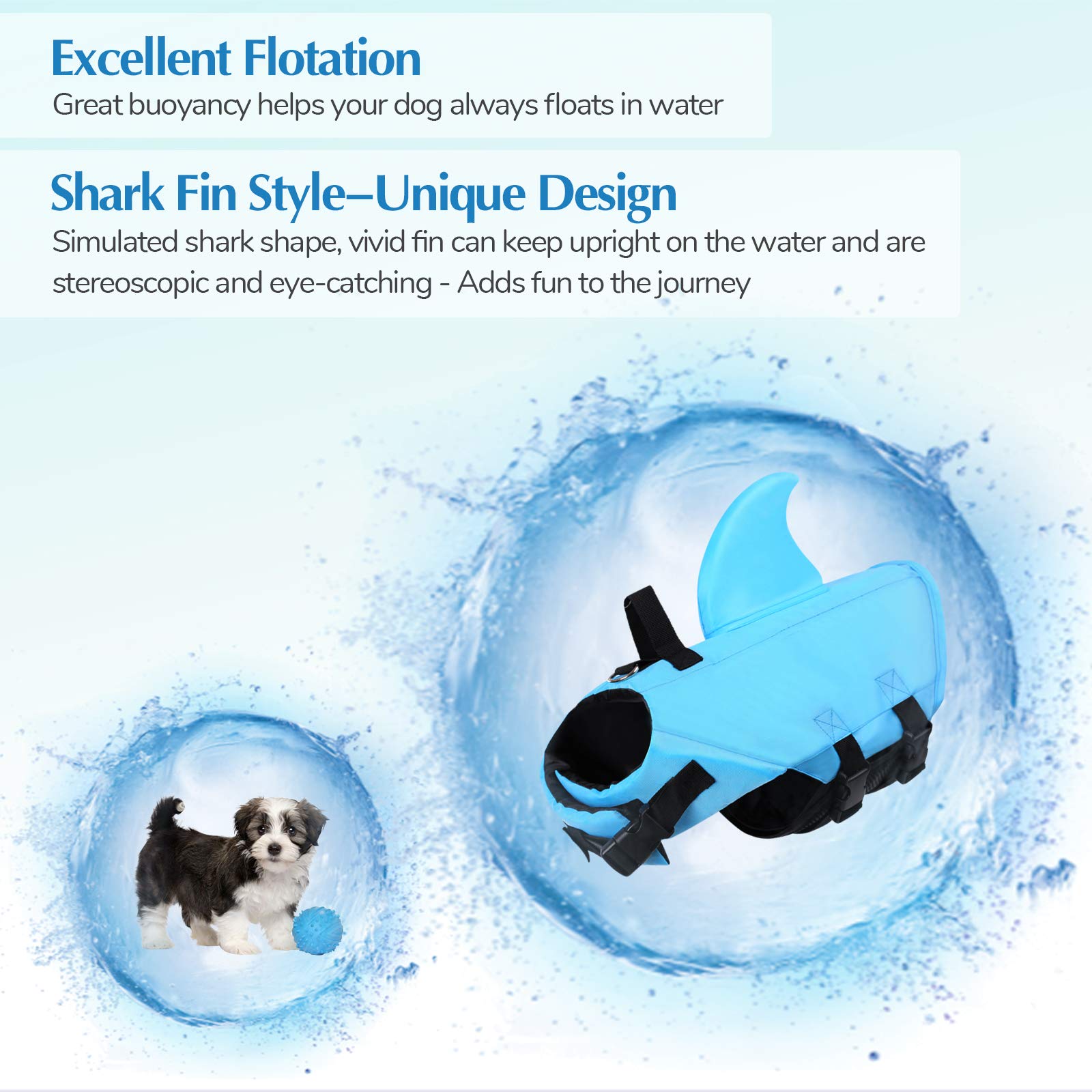 Sunfura Medium Dog Life Jacket, Shark Fin Pet Swimming Vest For Boating, Puppy Life Preserver With High Buoyancy & Rescue Handle, French Bulldog Lifesaver Swimsuit For Medium Dogs, Blue M
