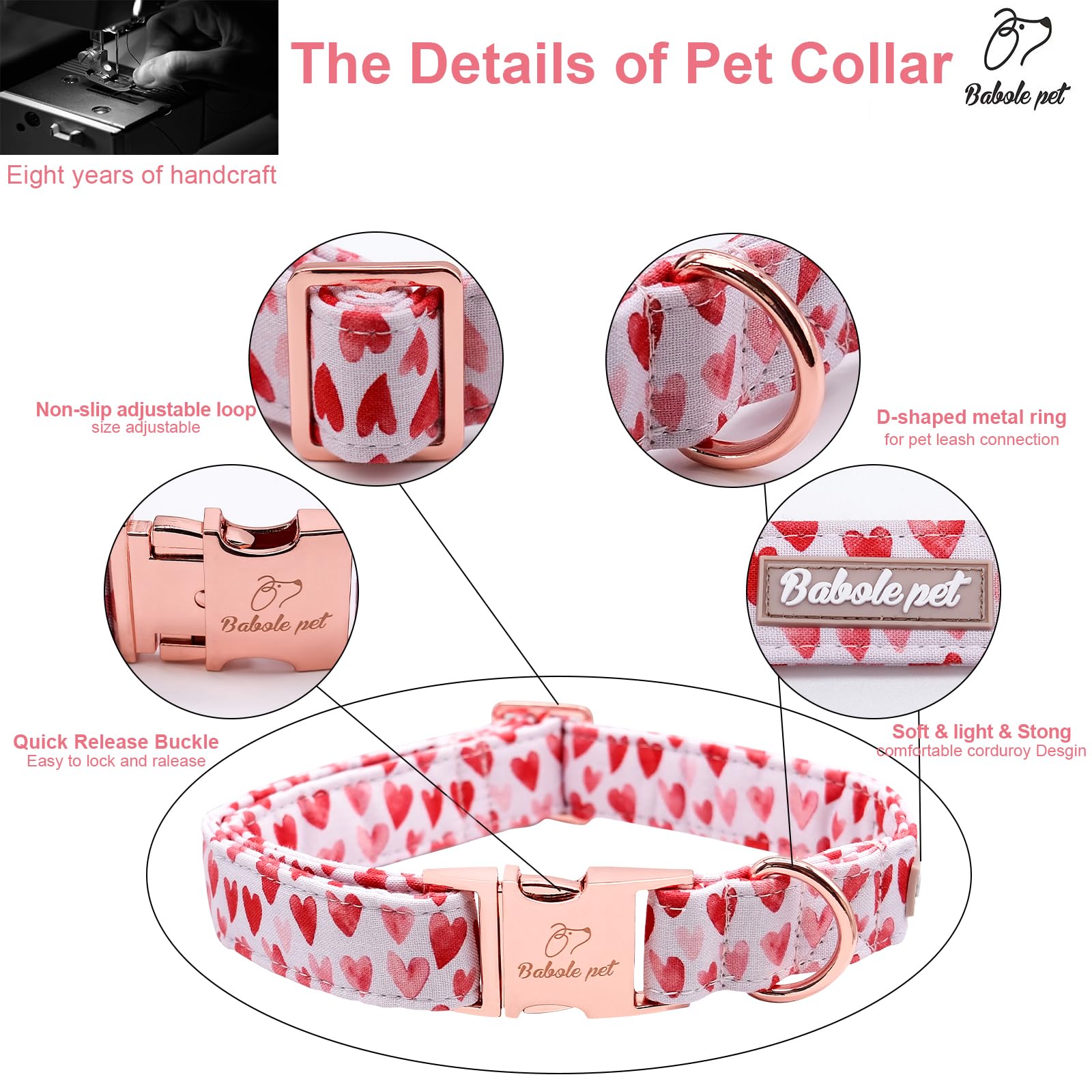 Babole Pet Valentines Dog Collar, White Red Heart Valentine Pet Collar With Metal Buckel, Durable Adjustable Holiday Dog Collars