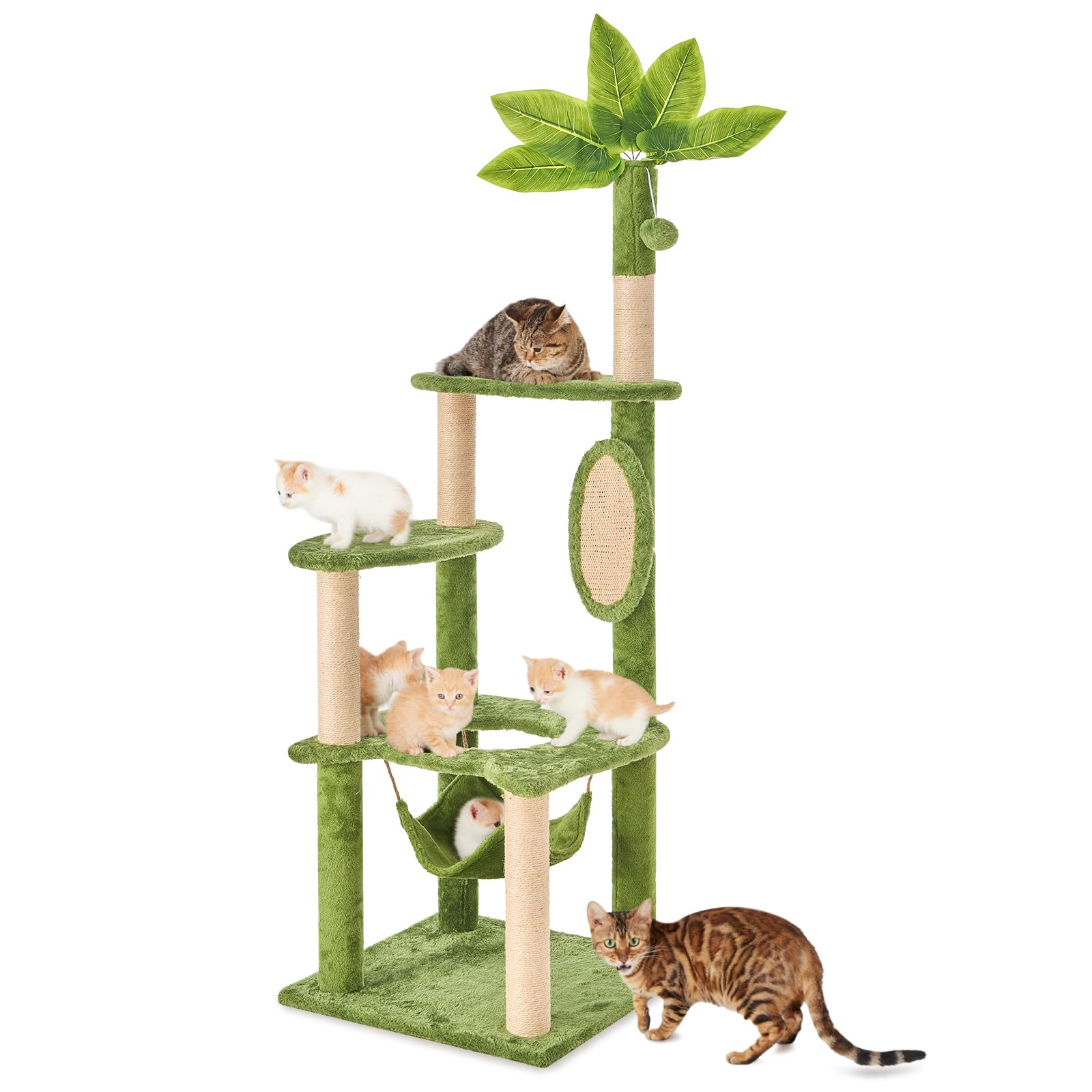 TSCOMON 55 Cat Tree for with Green Leaves, Multi-Level Large Cat Tower with Hammock, Plush Cat House with Hang Ball Toy and Sisa