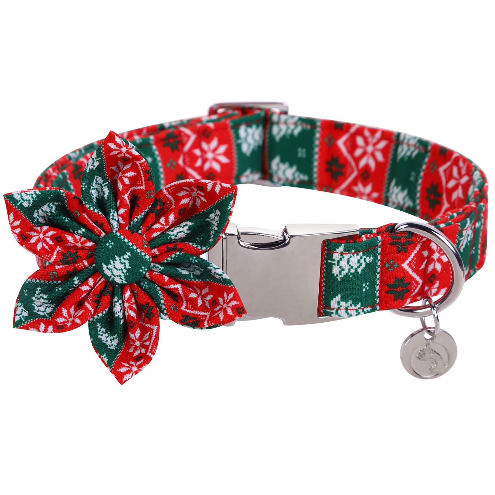 Dogwong Christmas Dog Collar With Flower, Red Green Strip Snowflake Dog Collar Soft Durable Adjustable Cotton Puppy Collar For S