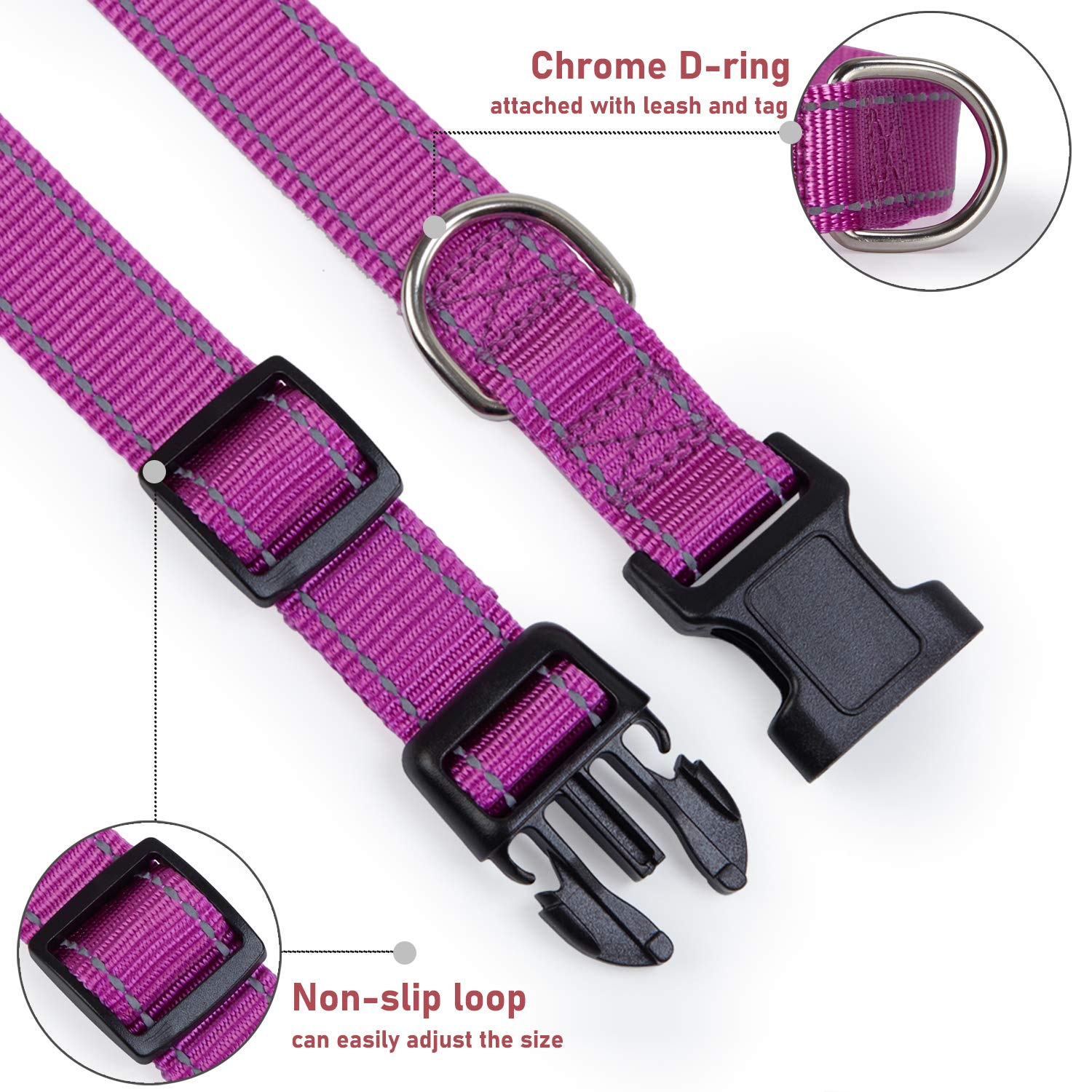 Reflective Dog Collar With Buckle Adjustable Safety Nylon Collars For Small Medium Large Dogs, Purple Xl