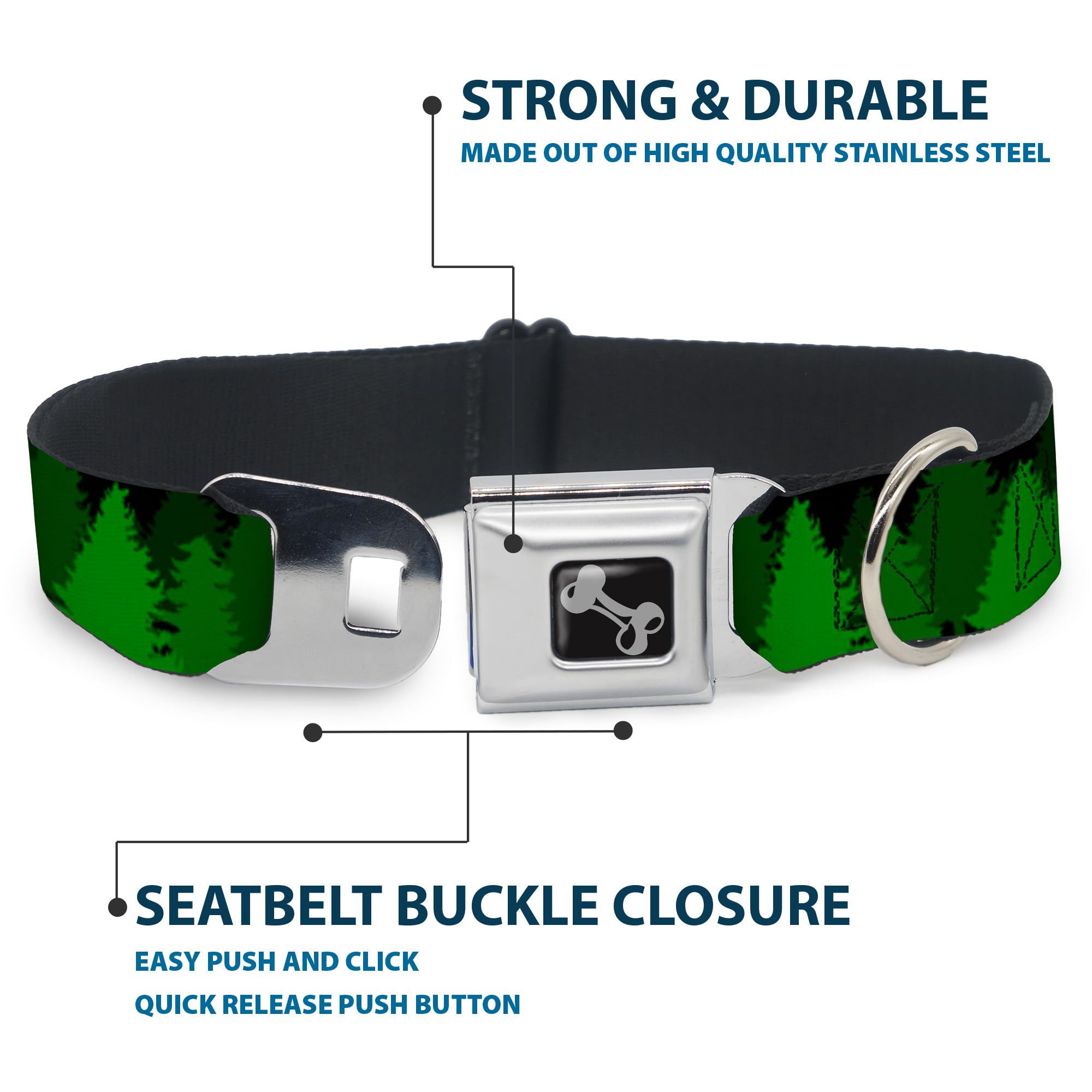 Buckle-Down Dog Collar Seatbelt Buckle Pine Tree Silhouettes Black Greens, Multicolor, 1' Wide - Fits 11-17' Neck - Medium (Dc