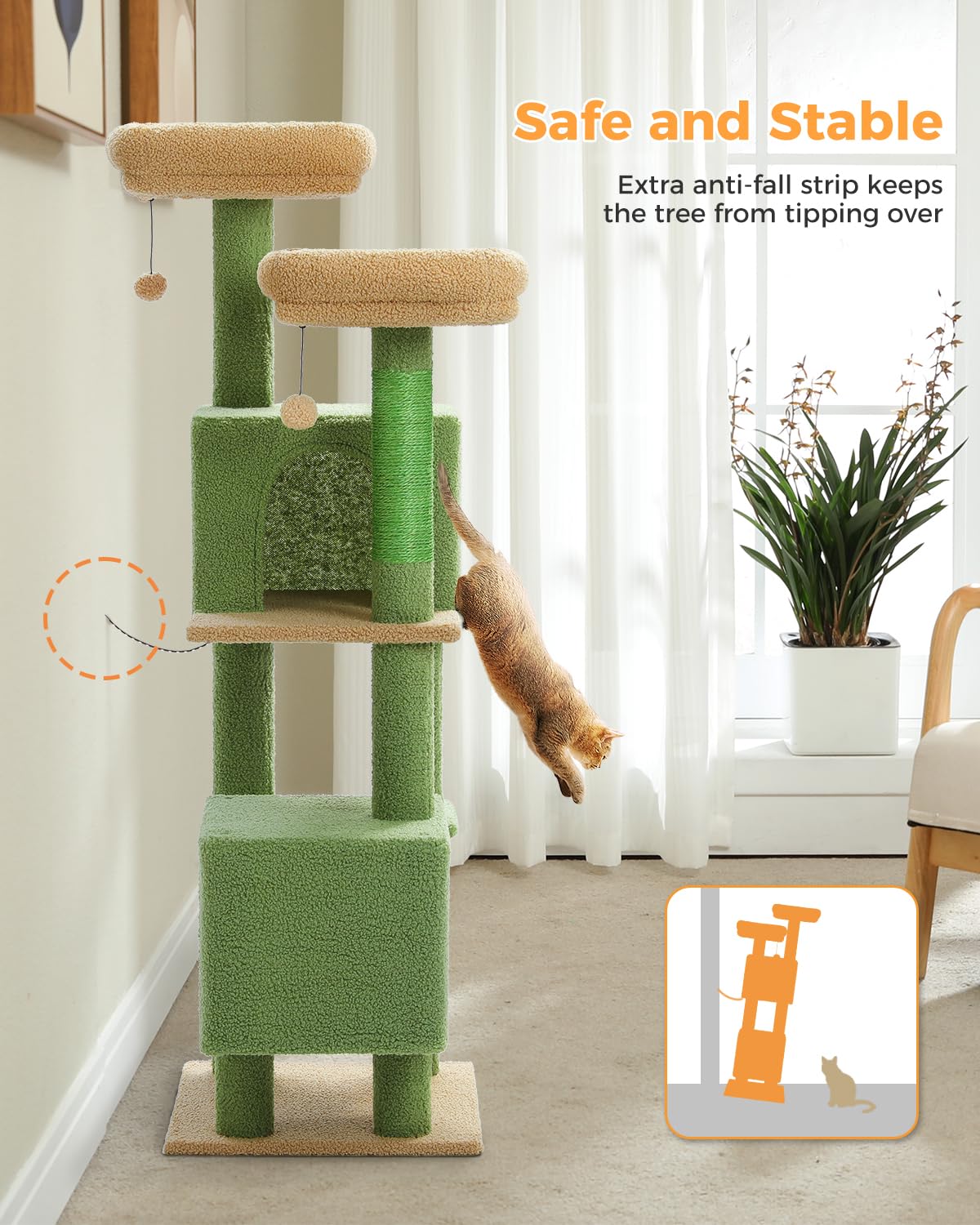 Muttros Cactus Cat Tree, 52.4'' Cat Tower For Indoor Cats, Cute Cat Tree With 2 Padded Perches, 2 Condos & 2 Scratching Posts, G