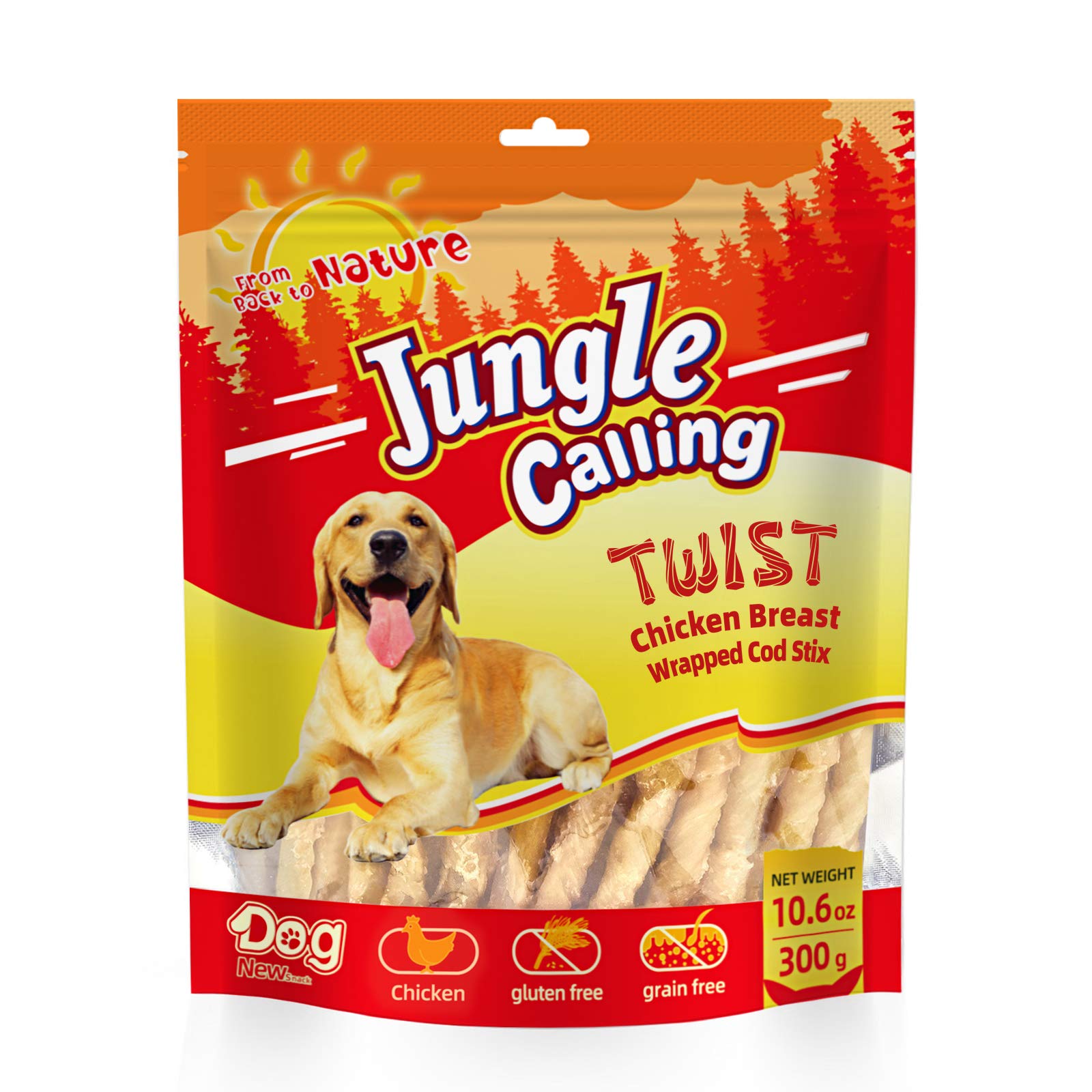 Jungle Calling Rawhide Free Treats for Dogs, Chicken Wrapped Cod Sticks Dog Treats, Soft Chewy Snacks for Training Rewards, 10.6