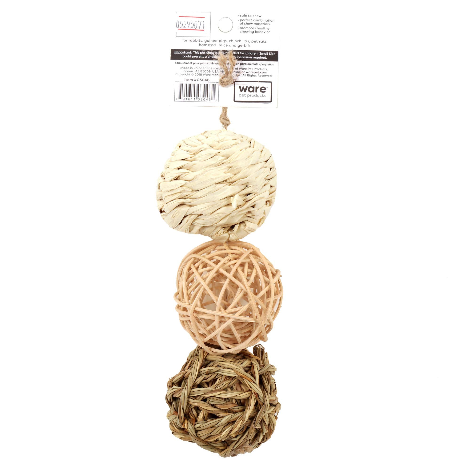Ware Manufacturing Small Pet Nature Chew Balls - Pack of 3, Sisal & Seagrass with Bell, Model 03046