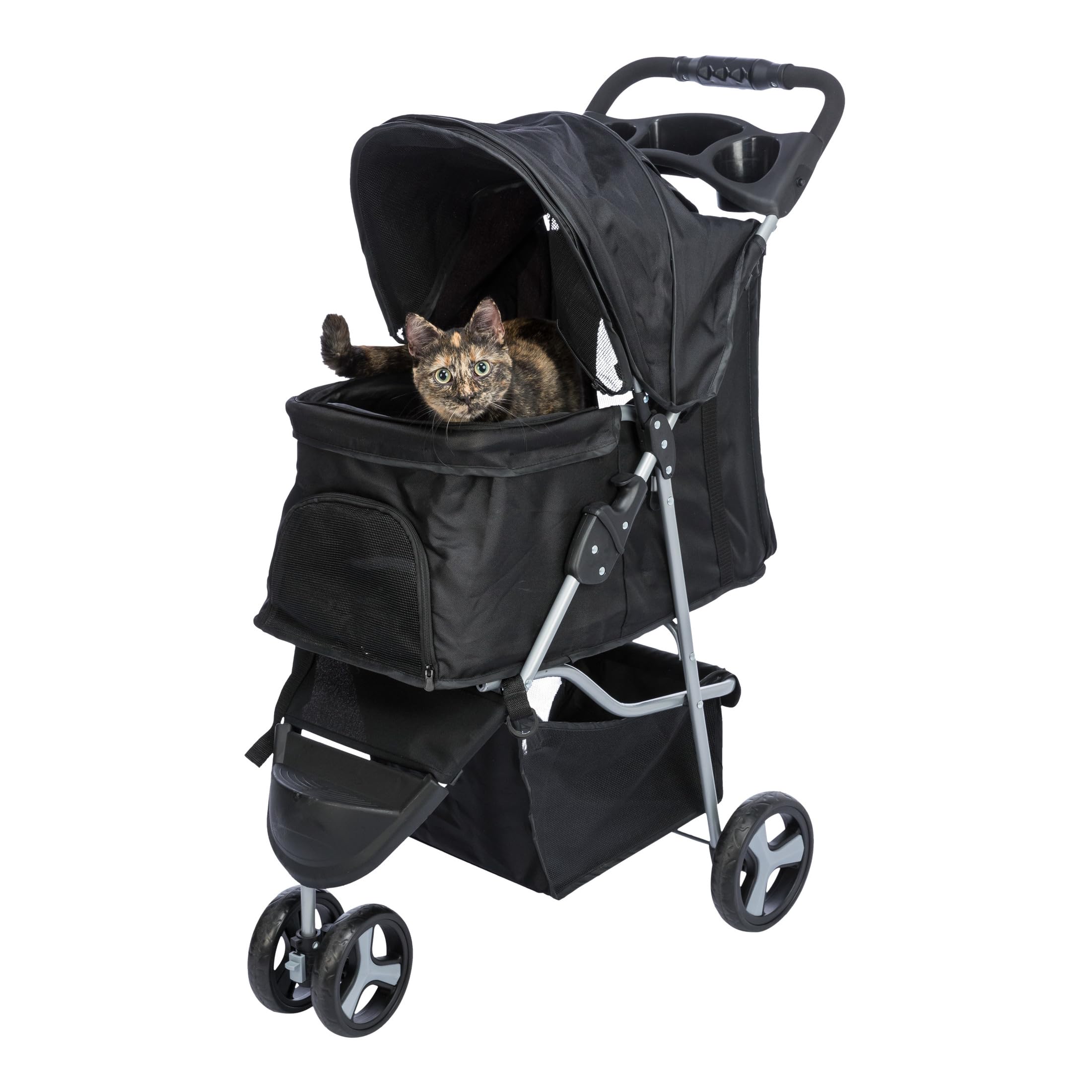 Trixie Foldable Pet Stroller For Cats And Dogs, Pet Carrier Strolling Cart With Weather Cover, Storage Basket, Cup Holder, Black