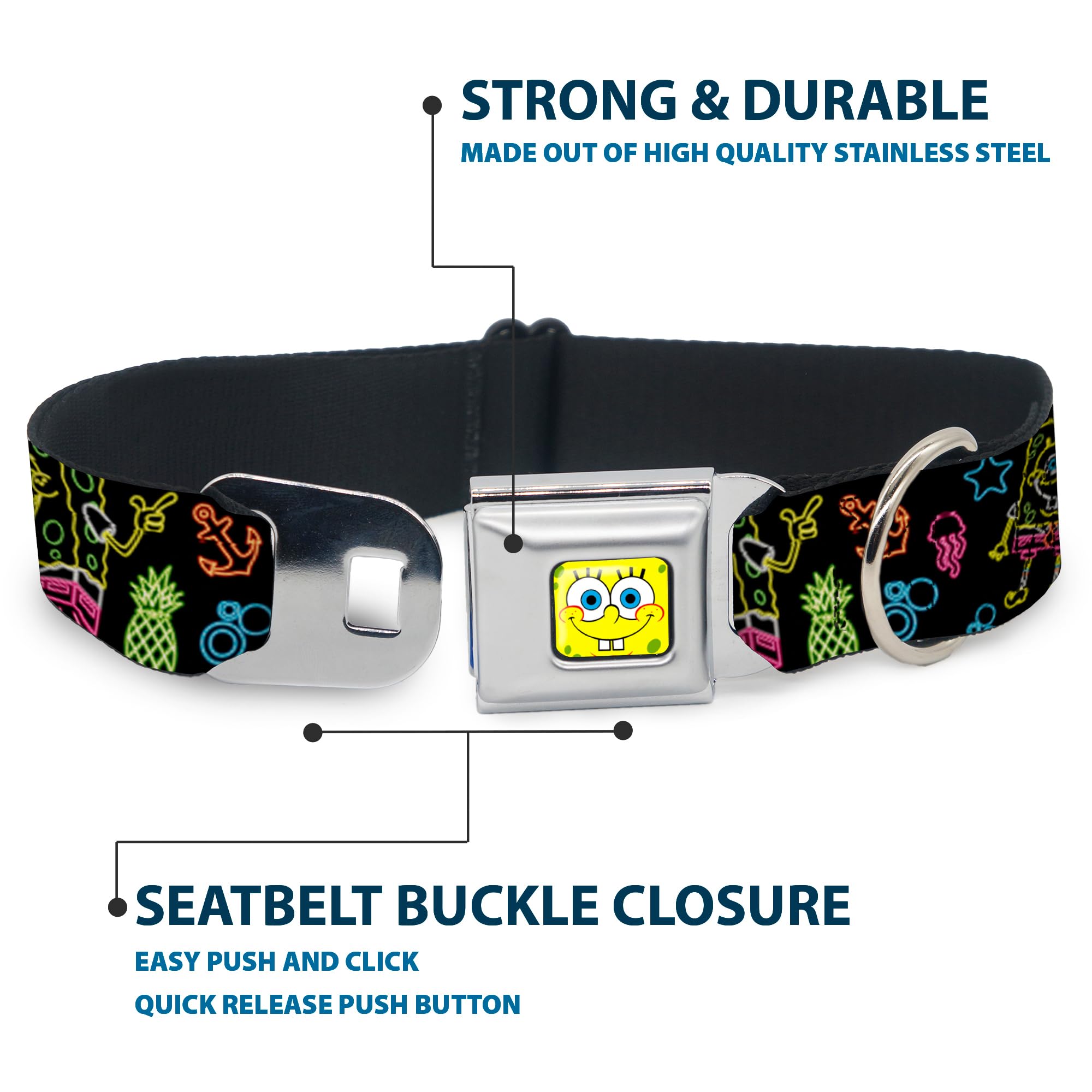 Buckle-Down Dog Collar Seatbelt Buckle Electric Spongebob Poses Elements Black Multi Color, 1' Wide - Fits 9-15' Neck - Small