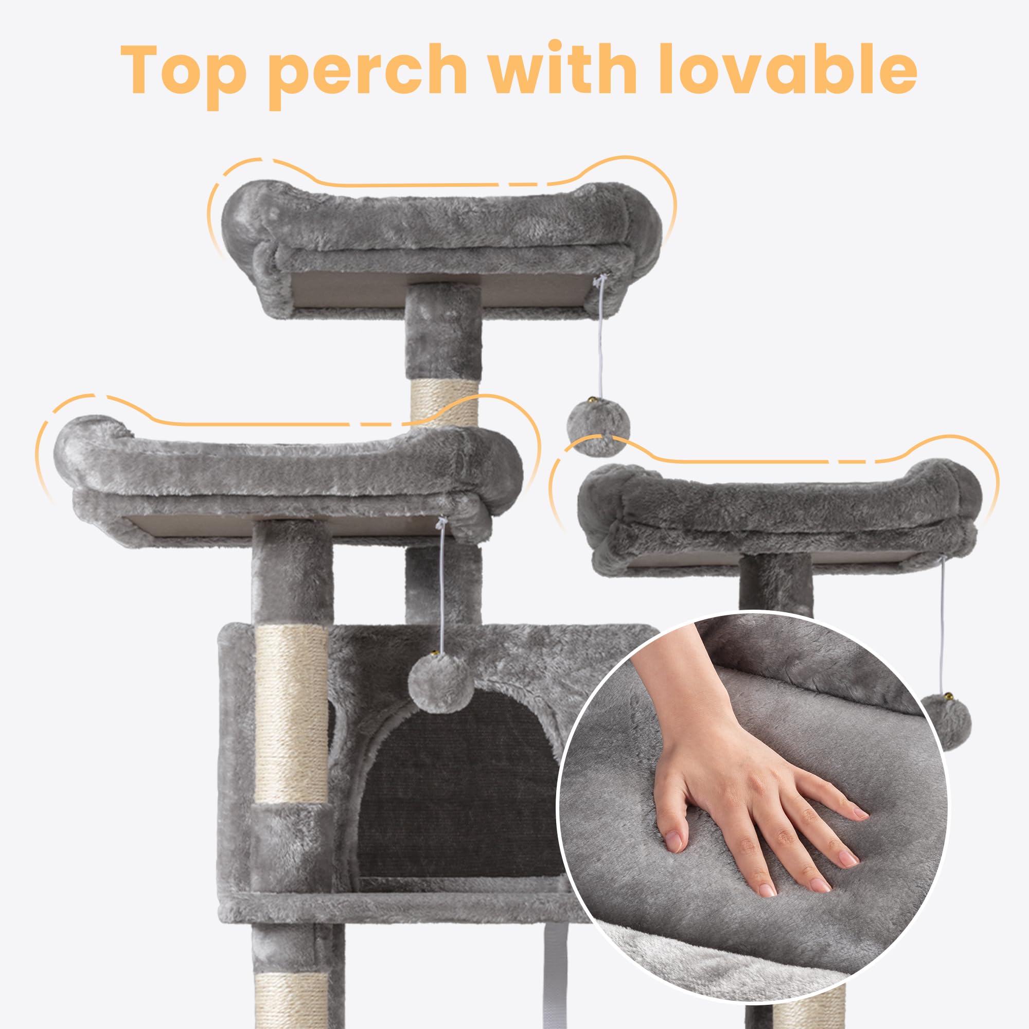 Sha Cerlin 68 Inches Multi-Level Large Cat Tree For Large Kitties/Big Cat Tower With Condo/Cozy Plush ‌Pussycat Perches/Sisal Scratching Posts And Hammocks/Activity Center/Grey