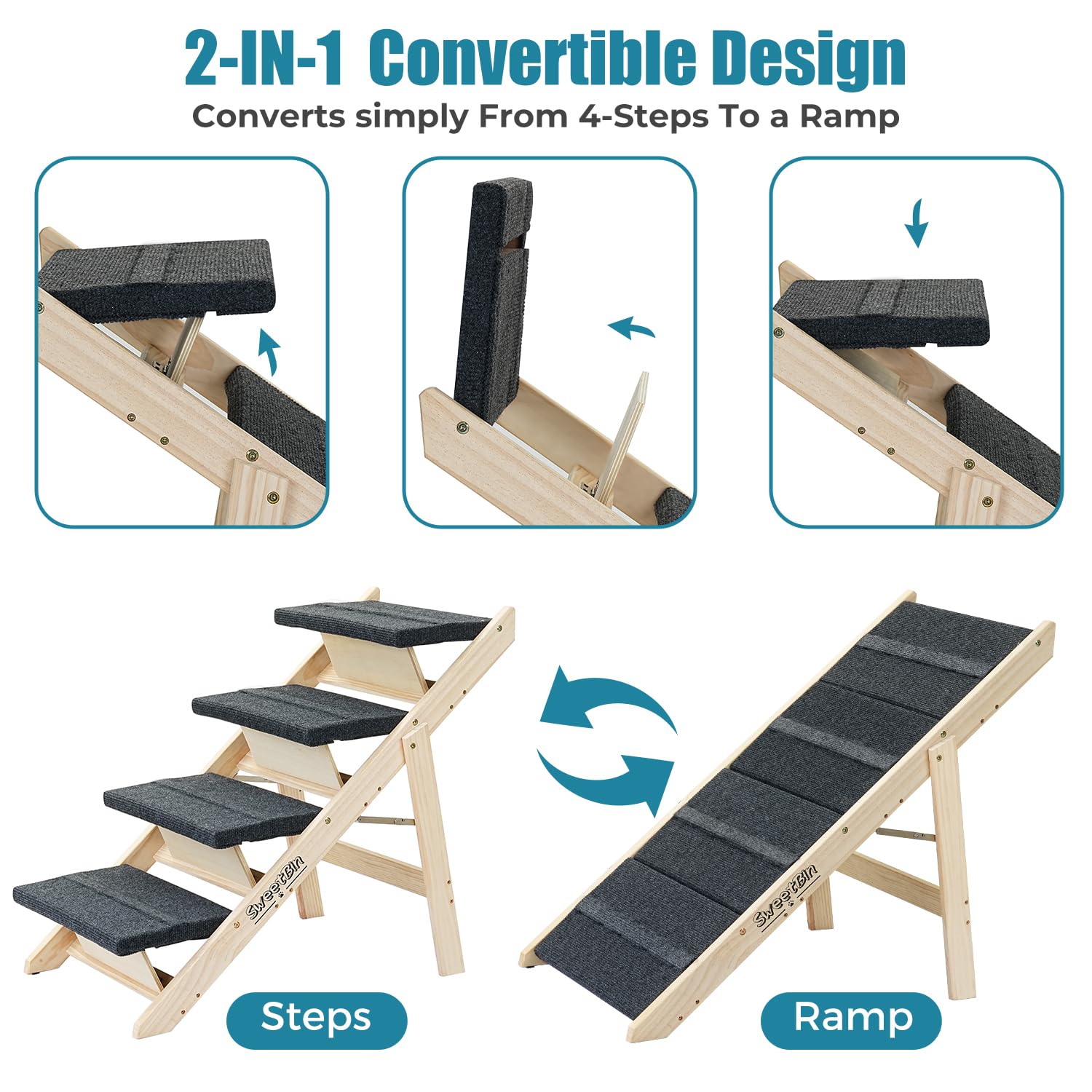 Sweetbin Wood Pet Stairs/Pet Steps For All Dogs And Cats - 2-In-1 Foldable Carpeted 3 Tiers Dog Stairs & Ramp Perfect For Beds And Cars - Portable Dog/Cat Ladder Up To 150 Pounds