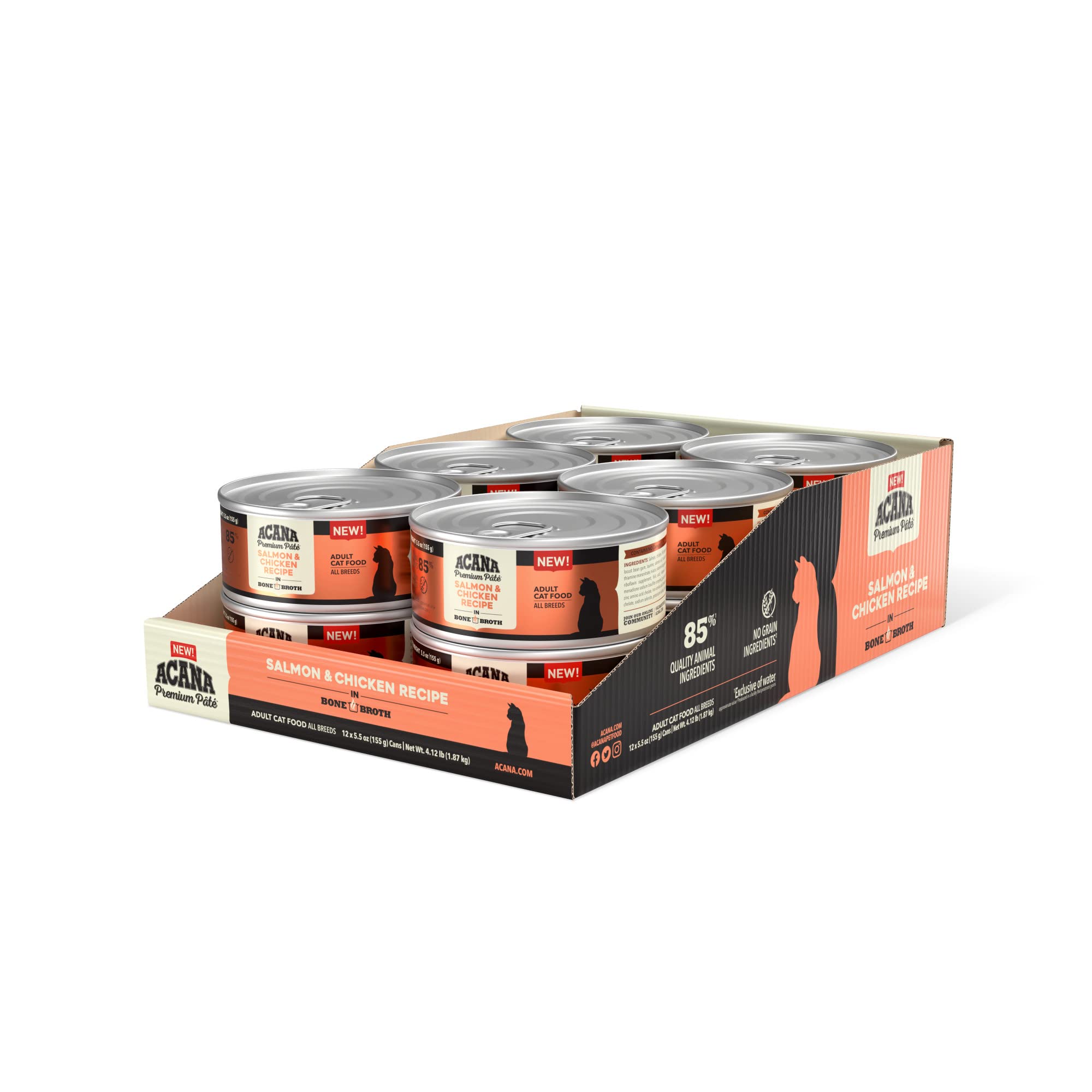 ACANA Premium Pate Wet Cat Food in Bone Broth Salmon + Chicken Recipe 5.5oz Cans (12 count)