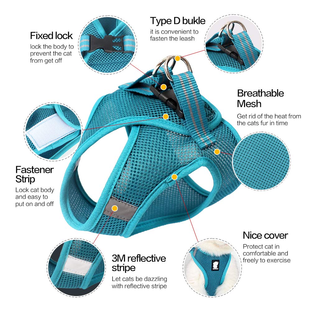 Heywean Cat Harness And Leash - Ultra Light Escape Proof Kitten Collar Cat Walking Jacket With Running Cushioning Soft And Comfortable Suitable For Puppies Rabbits (L, Turquoise)