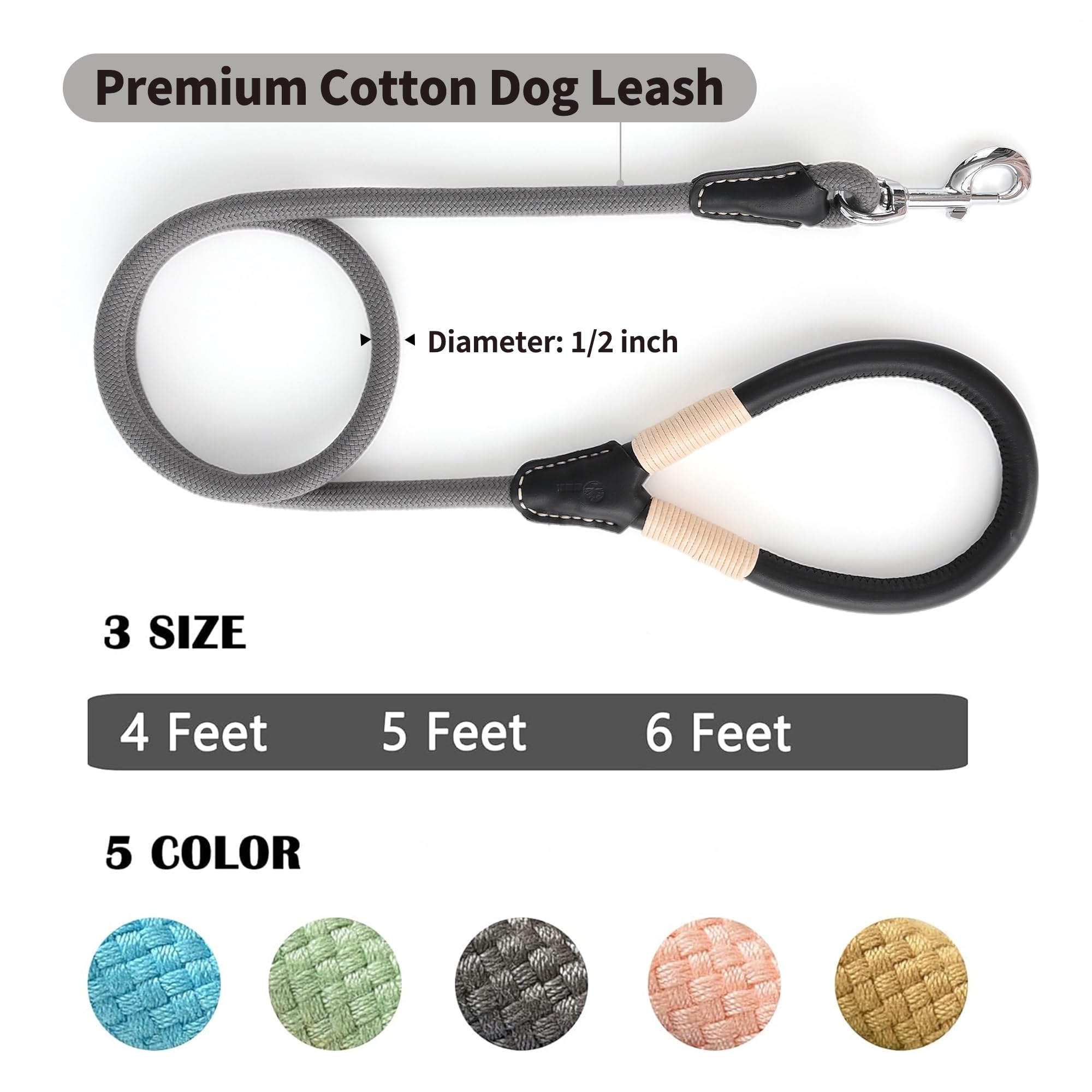 Mile High Life Genuine Leather Wrapped Handle Dog Leash, W Heavy Duty Clasp Rope Leash For Small Medium Large Dogs (Gray, 5Ft)