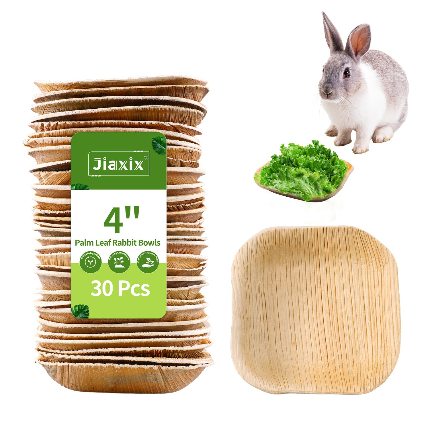 Jiaxix 30 Pcs Disposable Palm Leaf Bowl 4 Square Bowls for Rabbits,Chewable Dish for Rabbits,Bunnies,Hamsters,Parrot