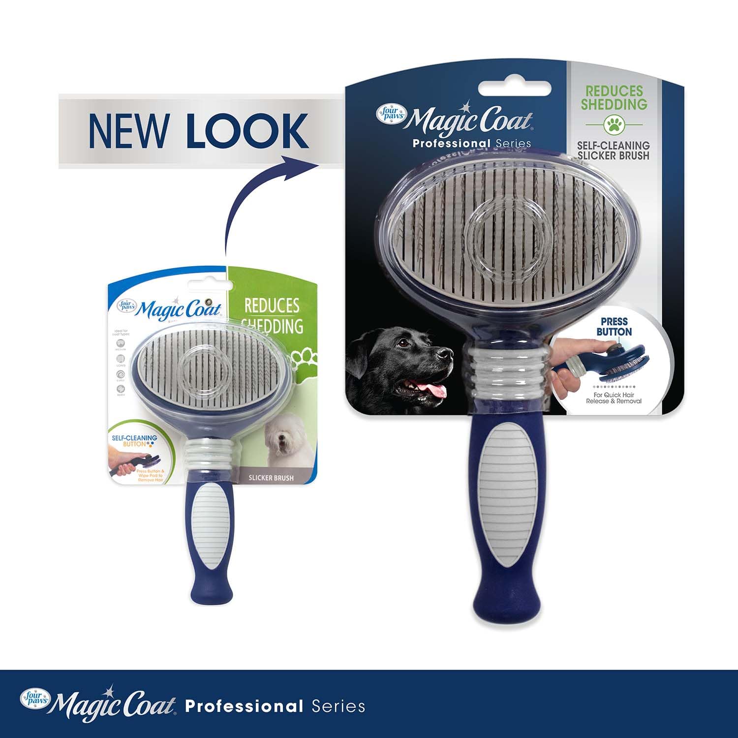 Four Paws Slicker Brush, Professional Series Grooming Brush For Dogs & Cats, Self-Cleaning, Reduces Shedding, All Coat Types, Blue & Grey