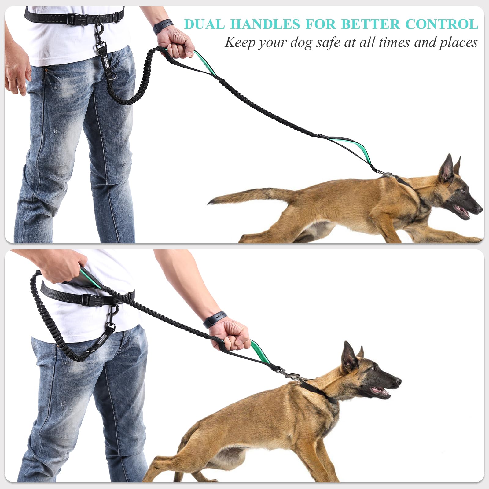 Vivaglory Hands Free Dog Leash With Dual Advanced Anti-Shock Bungees And Padded Handles, Reflective Waist Running Leash With Adjustable Belt For Medium Large Dogs, Black/Turquoise