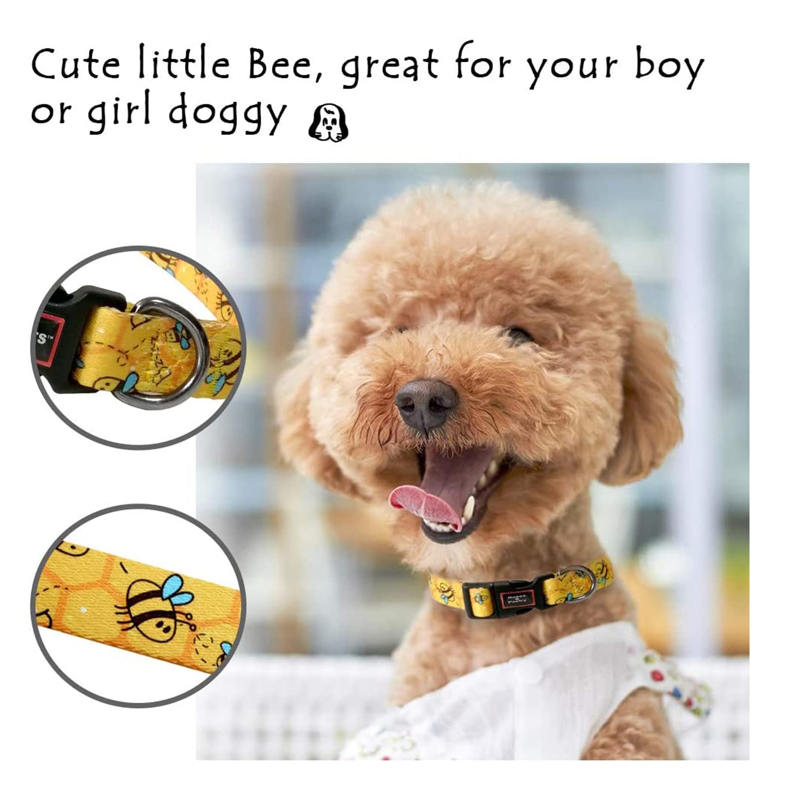 Roses&Poetry Dog Collar With Colourful Bee Patterns, Adjustable Durable Puppy Collars For Small Medium Large Dogs (Bee-Xs)