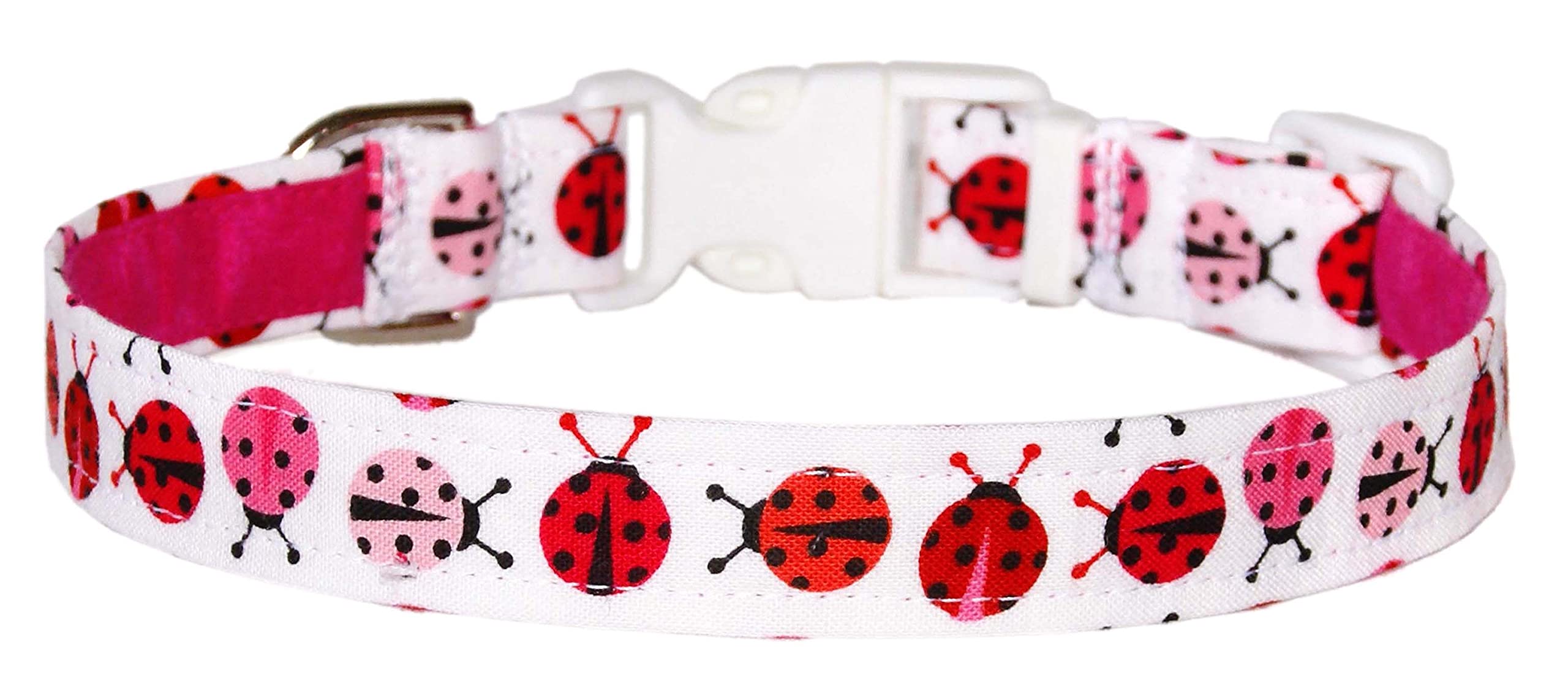 Ladybugs Dog Collar - Red And Pink Lady Bugs On White - 100% Cotton - 4 Sizes - 3/4 Inch Wide - Handmade By Green Acorn Kitchen 