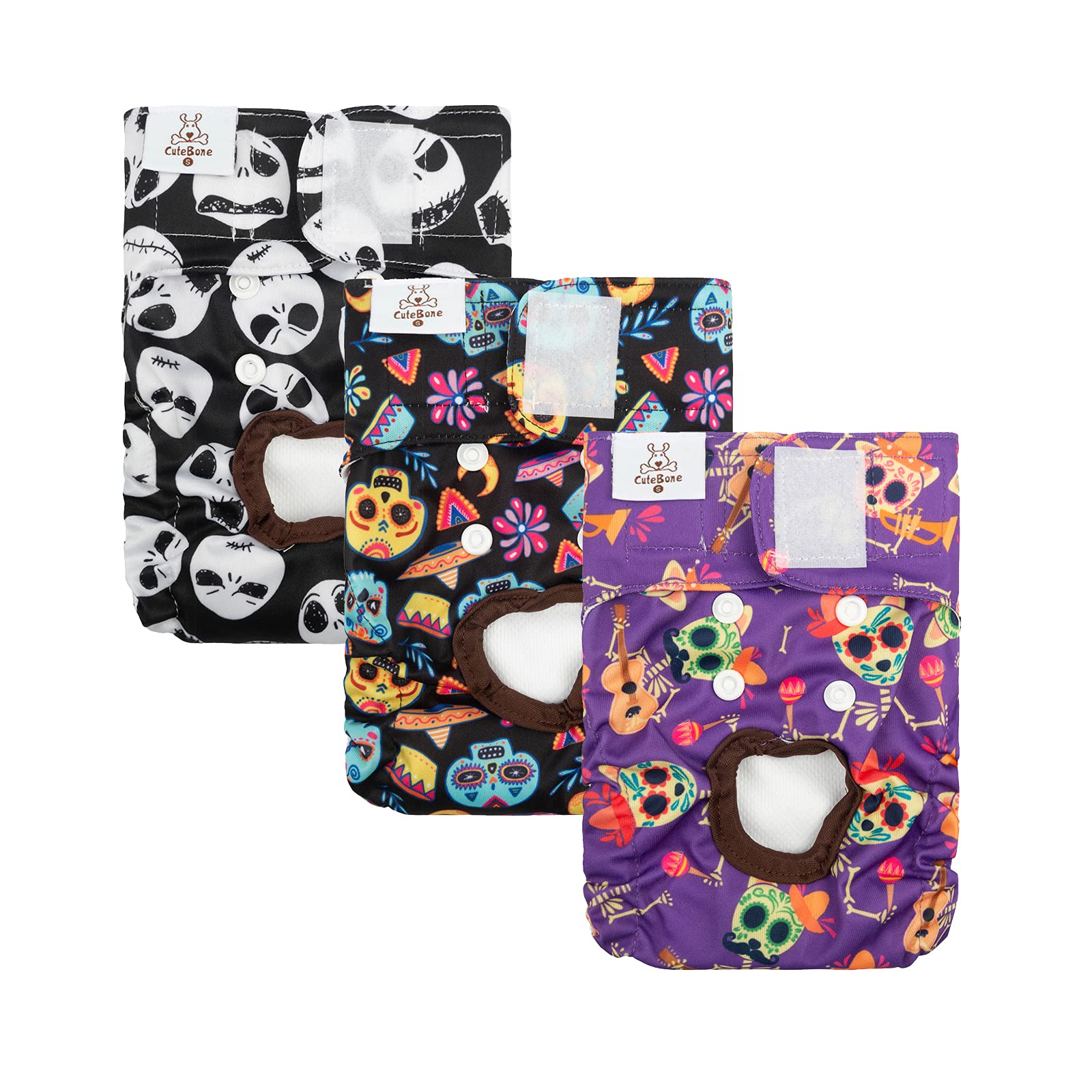 Cutebone Reusable Halloween Dog Diapers Female 3 Pack Washable Puppy Pants For Doggie Heat Period D41L