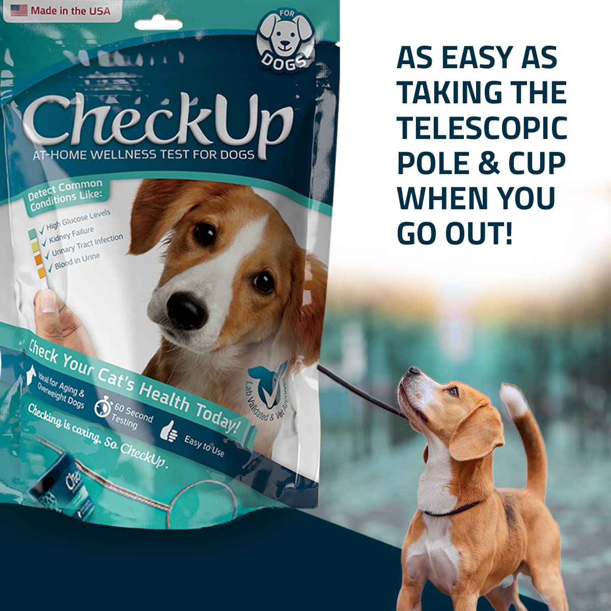 CheckUp Kit at Home Wellness Test for Dogs | Telescopic Pole, Detachable Cup & 2 Test Strips | Detects 4 Most Common Pet Health