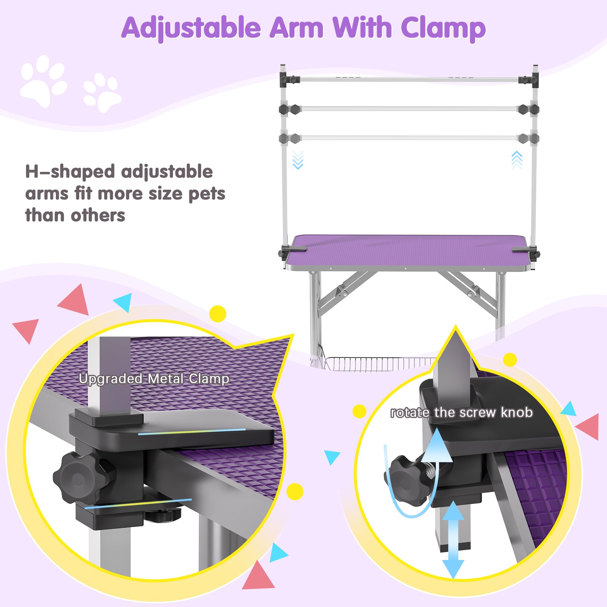 Dog Grooming Table, Adjustable Large Pet Drying Desktop, Foldable Bathing Desk with Arms, Noose, Mesh Tray, Maximum Capacity Up