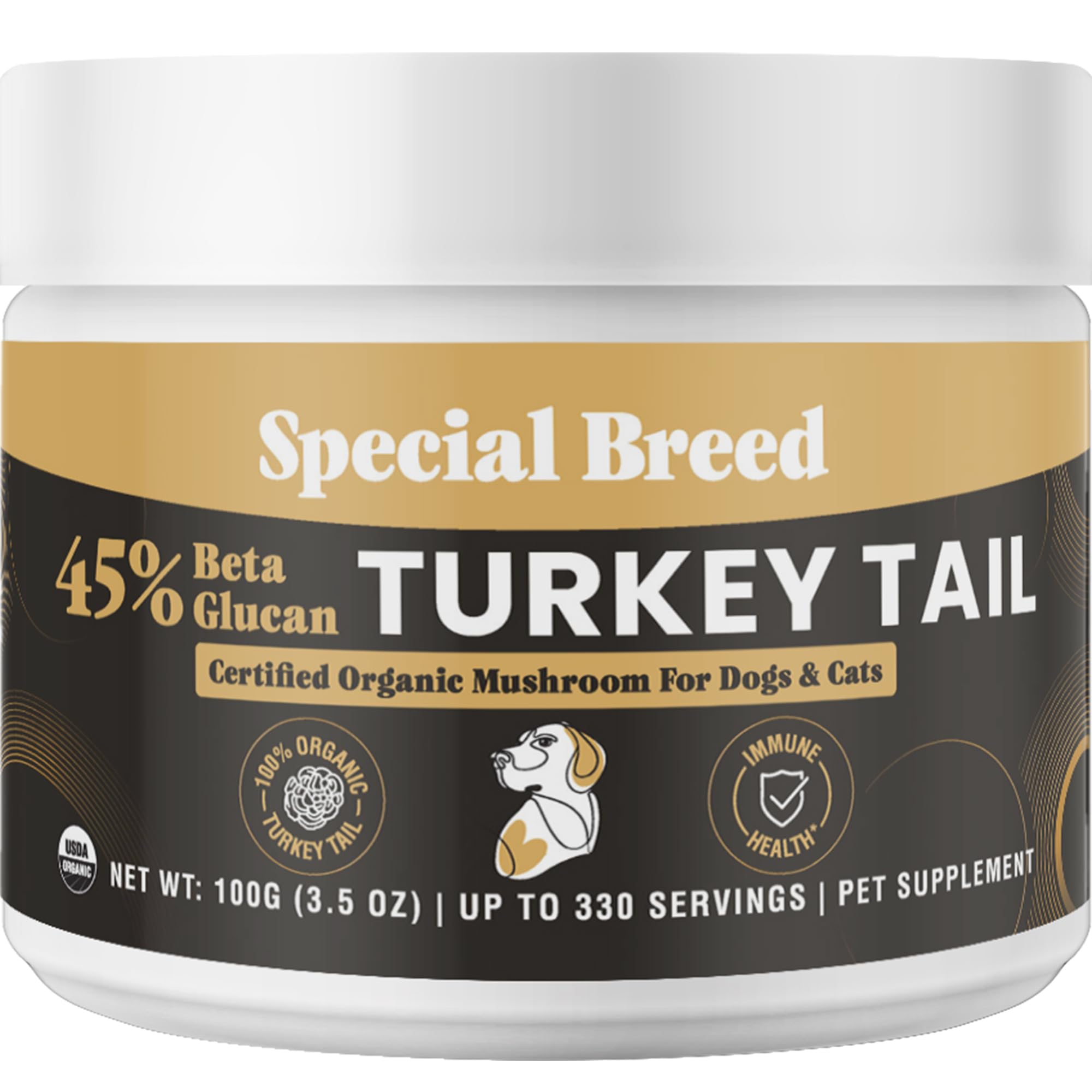 Organic Turkey Tail Mushroom for Dogs and Cats, 45% Beta Glucan Standardized, Hot Water Extracted Whole Fruiting Body, Third Par