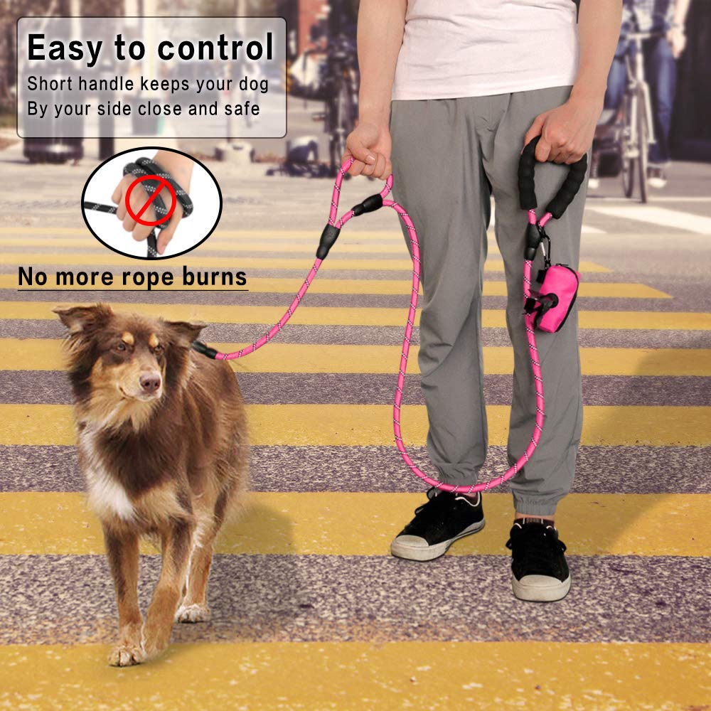 Rope Dog Leash 6Ft Long,Traffic Padded Two Handle,Heavy Duty,Reflective Double Handles Lead For Control Safety Training,Leashes For Large Dogs Or Medium Dogs,Dual Handles Leads(Pink)