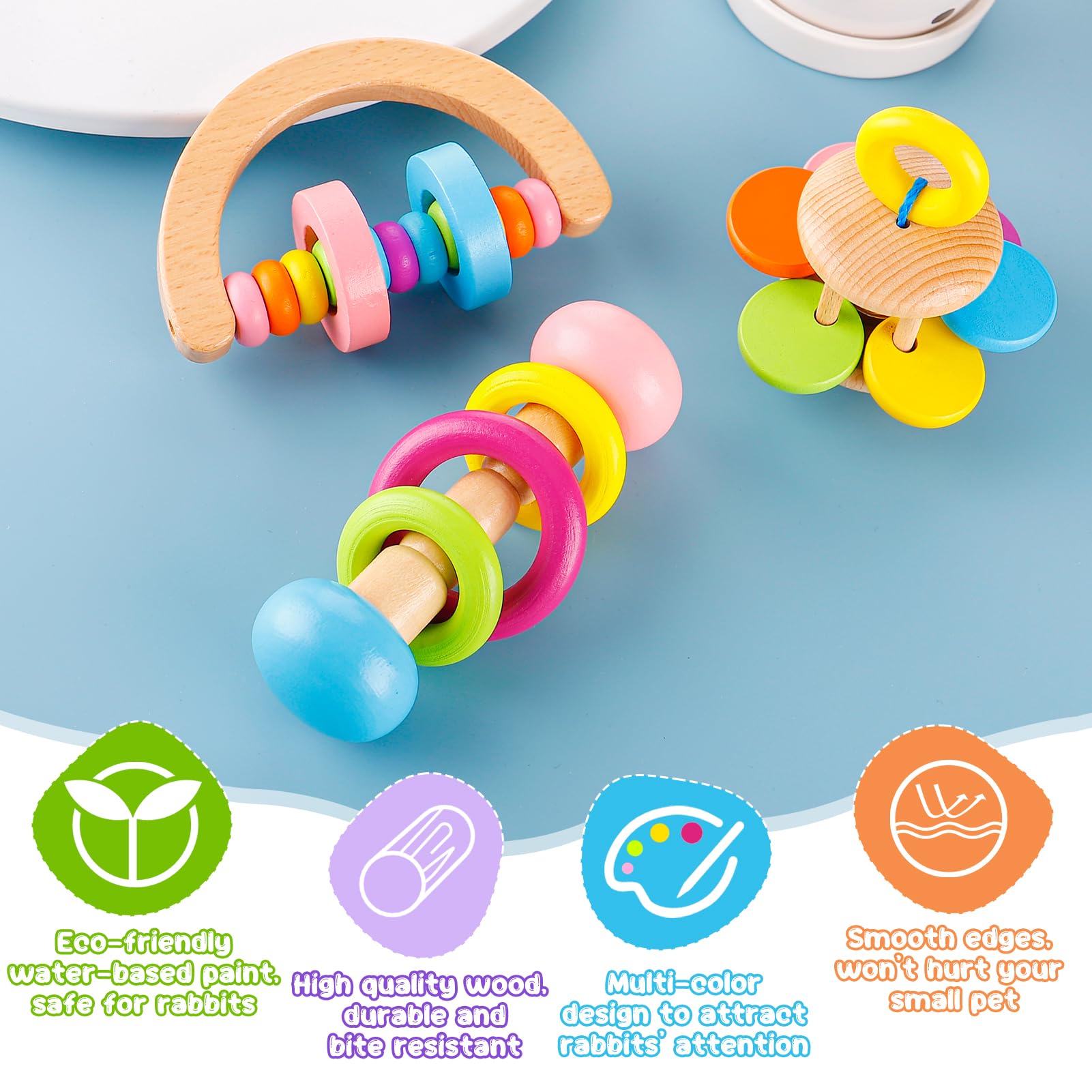 MEWTOGO 3 Pcs Wooden Bunny Toys - Safe Rabbit Toys, Bite-Resistant Guinea Pigs Toys for Chinchillas Hamsters Small Animals Playi