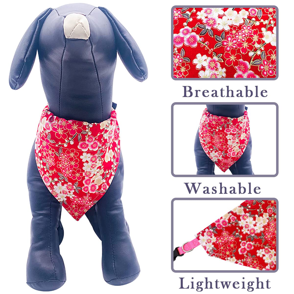 Pet Show 4Pcs Small Dog Bandanas Slide On Collar Set Washable Cherry Blossoms Puppies Cat Bandanas Bibs Slip Through Collar Acce
