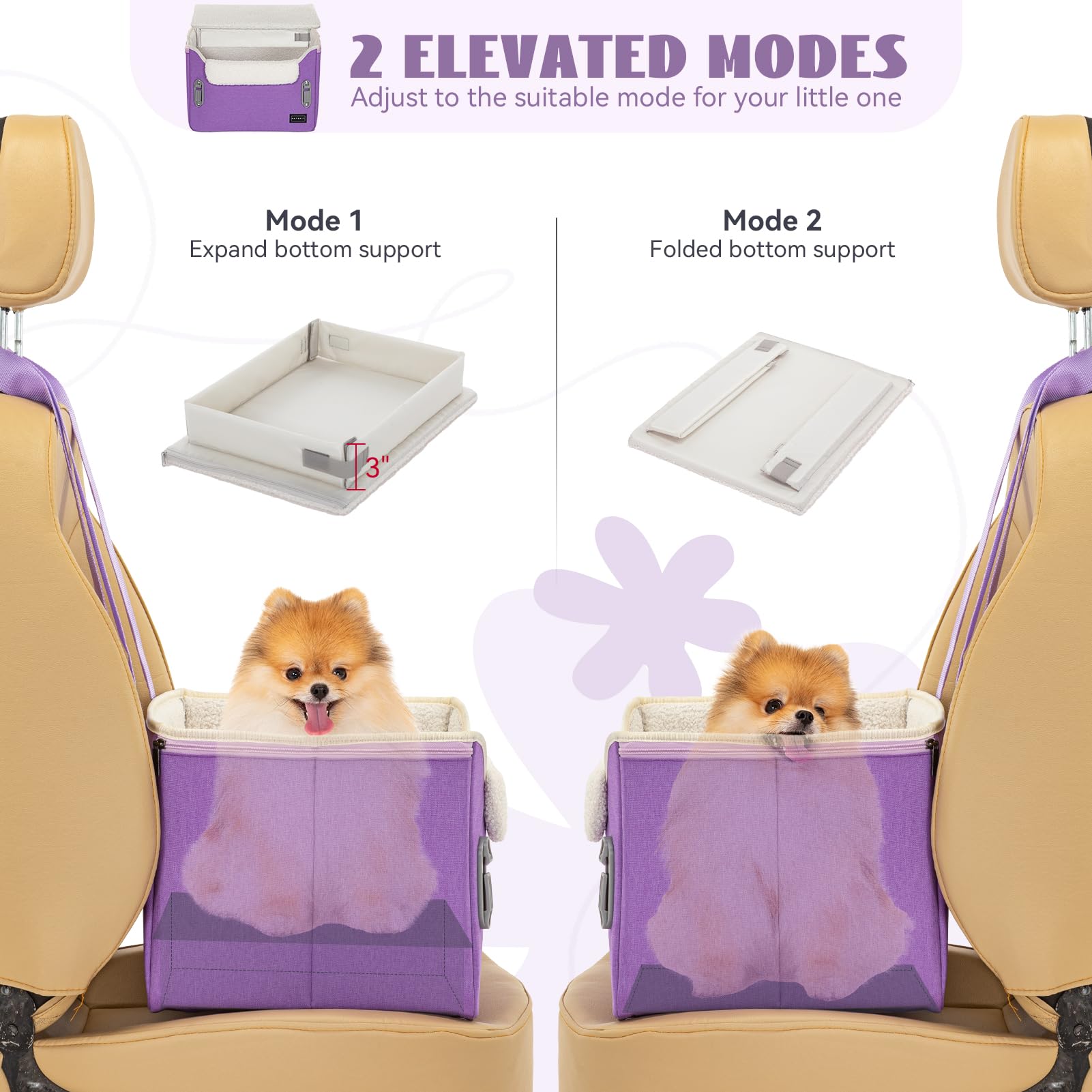 Petsfit Small Dog Car Seat, Puppy Portable Dog Booster Seat For Car With Clip-On Leash, Adjustable Straps Suitable For Small Pets Up To 25Lbs (Purple)
