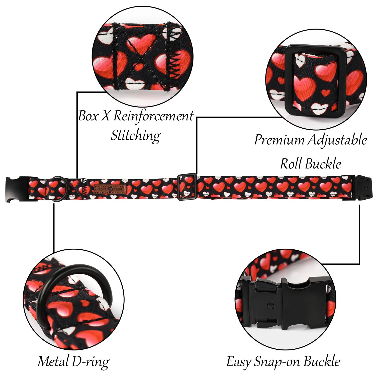 Lionet Paws Valentine'S White Dog Collar, Cute Heart Black Dog Collar For Large Dogs, Adjustable Cotton Love Pet Collars For Med
