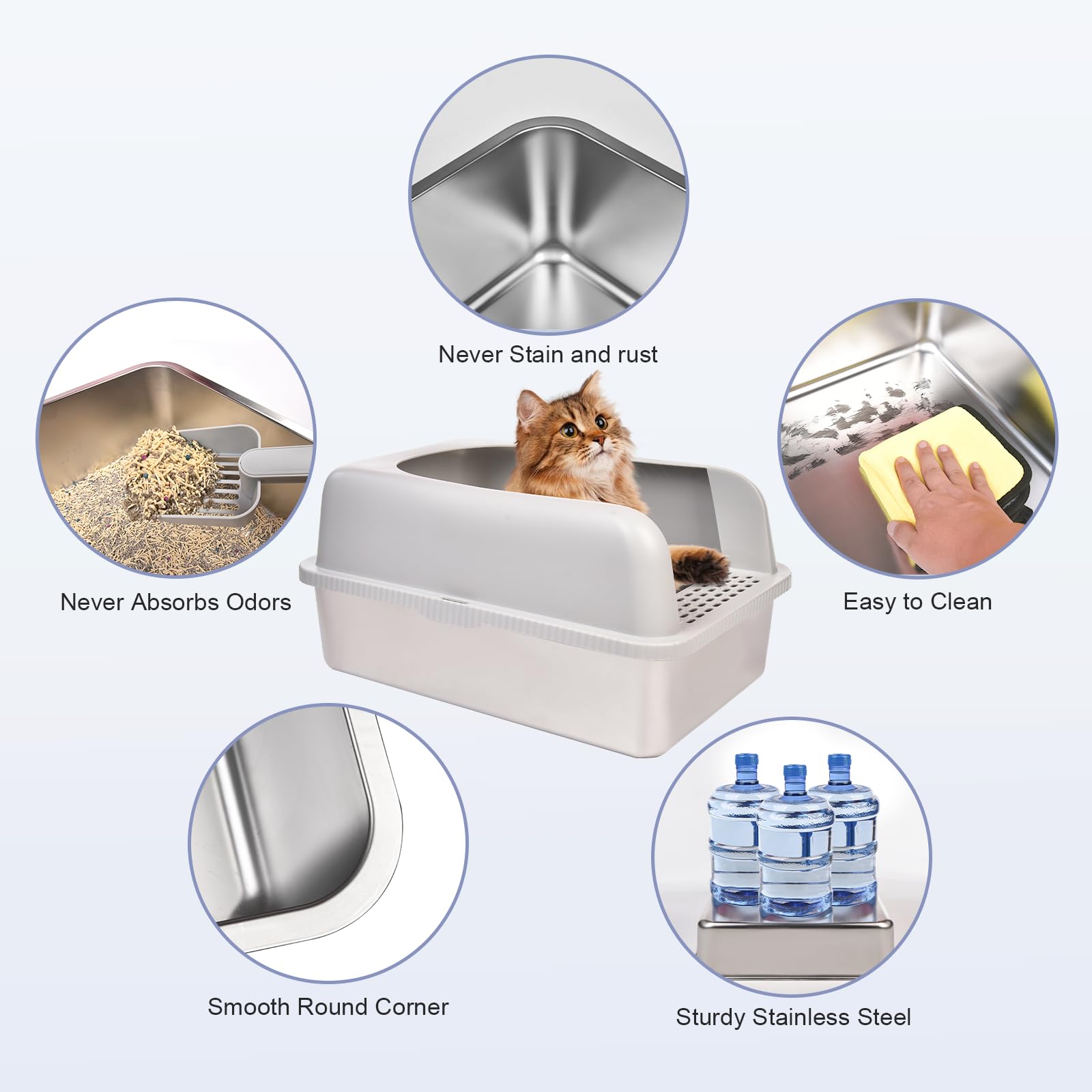 Henkelion Stainless Steel Cat Litter Box, Extra Large 24" x 16" x 11.8", Grey, High Sided with Lid, Anti-Leakage, Easy Clean,