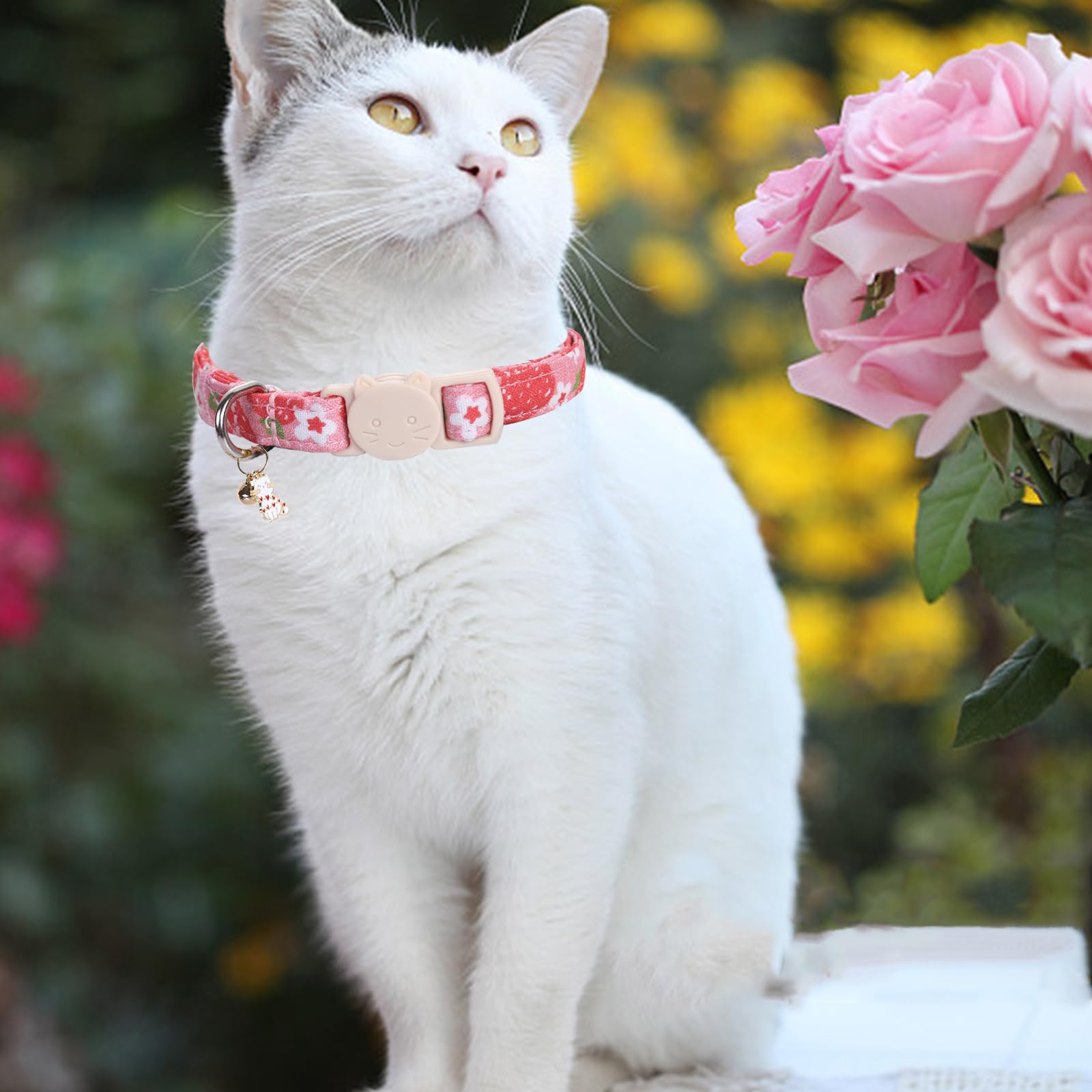 Elegant Little Tail 2 Pack Cat Collar-Pink Print Cotton Breakaway Cat Collars With Bell Pendant Kitten Boy Girl Safety Adjustabl