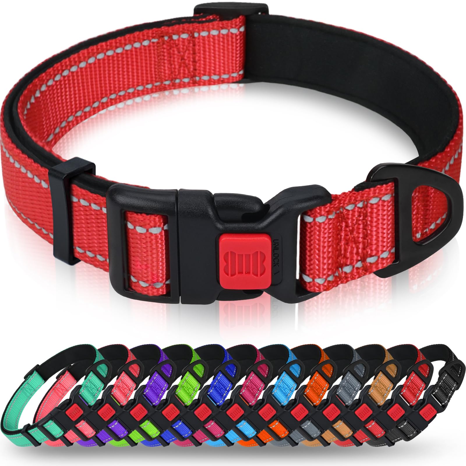 Taglory Reflective Dog Collar With Safety Locking Buckle, Adjustable Nylon Pet Collars For Large Dogs Female Male, Red, L