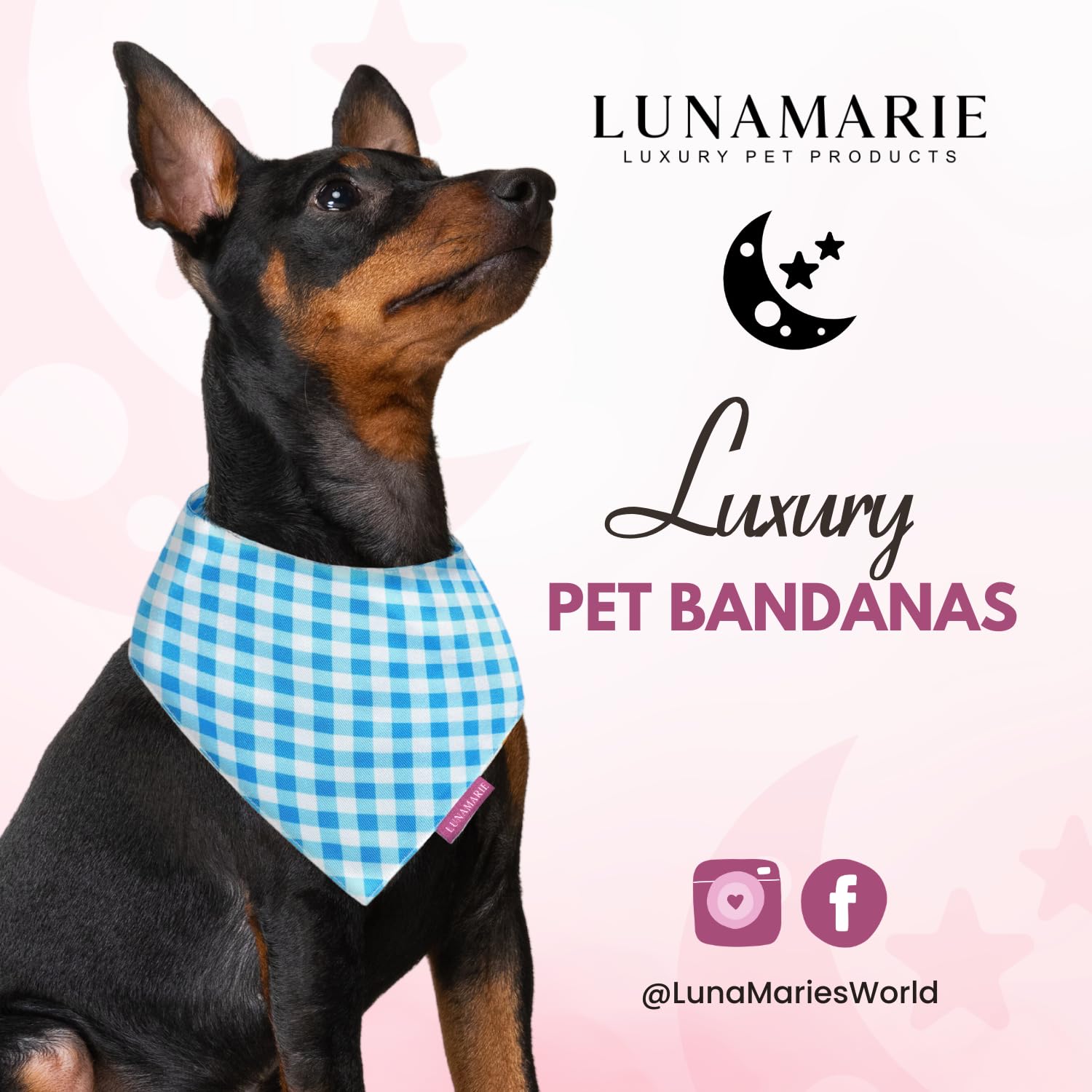 Lunamarie - Luxury Pet Birthday Bandanas -Premium & Silky Poly Fabric | 100% Handmade | Custom Shape Dual Layered (Blue Checkers