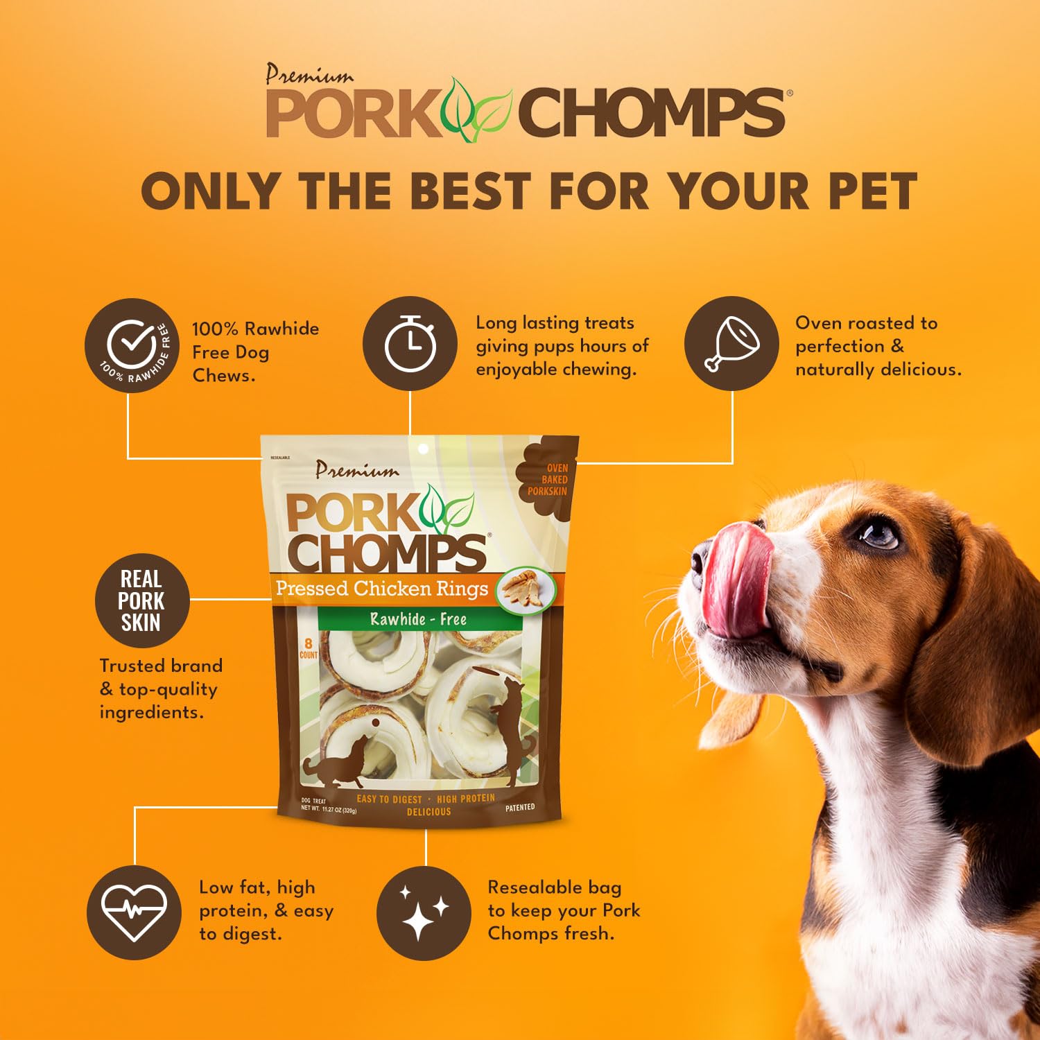 Pork Chomps Pressed Pork Skin Dog Chews, Real Chicken, 8 Count, 2.5-inch Rings, Brown