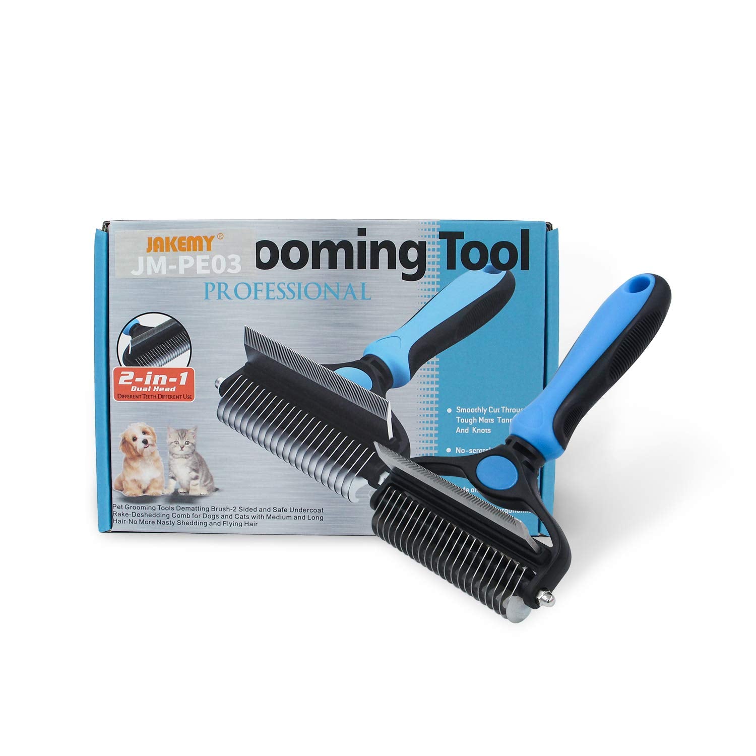 Pet Grooming Tool - 2 Sided Undercoat Rake For Cats & Dogs - Safe Dematting Comb For Easy Mats & Tangles Removing