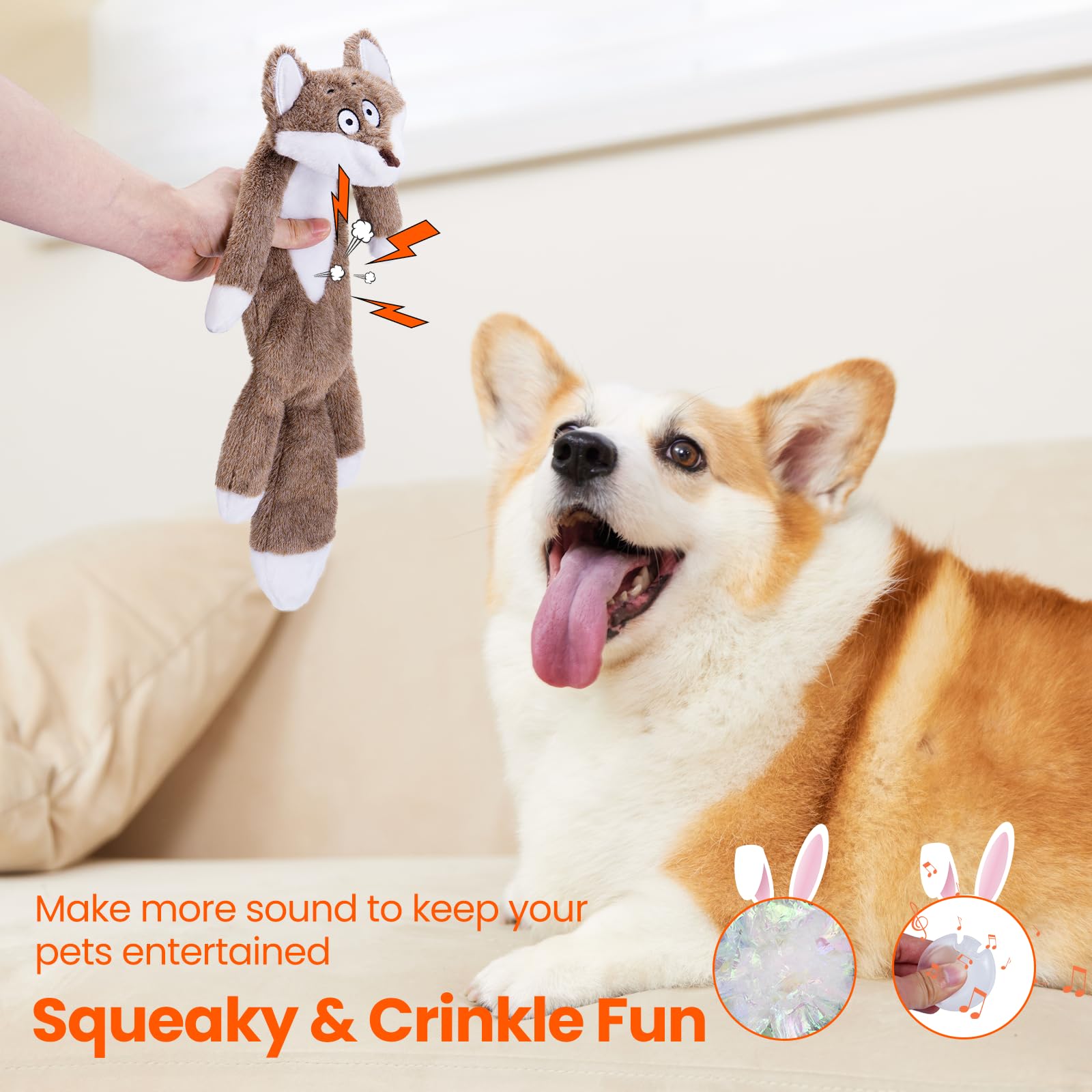 Hgb Squeaky Dog Toys, No Stuffing Crinkle Plush Dog Toys To Keep Them Busy & Puppy Teething For Large, Medium, Small Breed, East