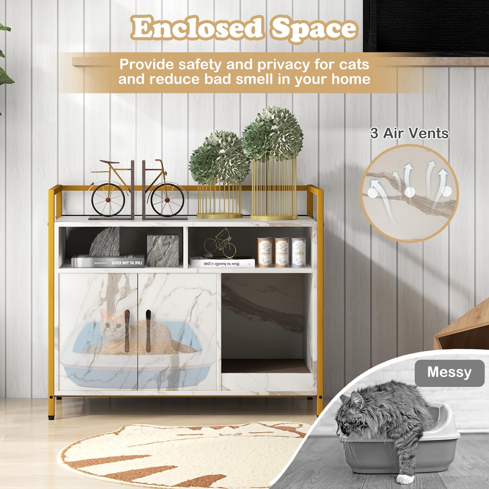 Giantex Cat Litter Box Enclosure - Cat Washroom Hidden Furniture with Front Entry, Scratcher, 2-Door Storage Cabinet, 2 Compartm
