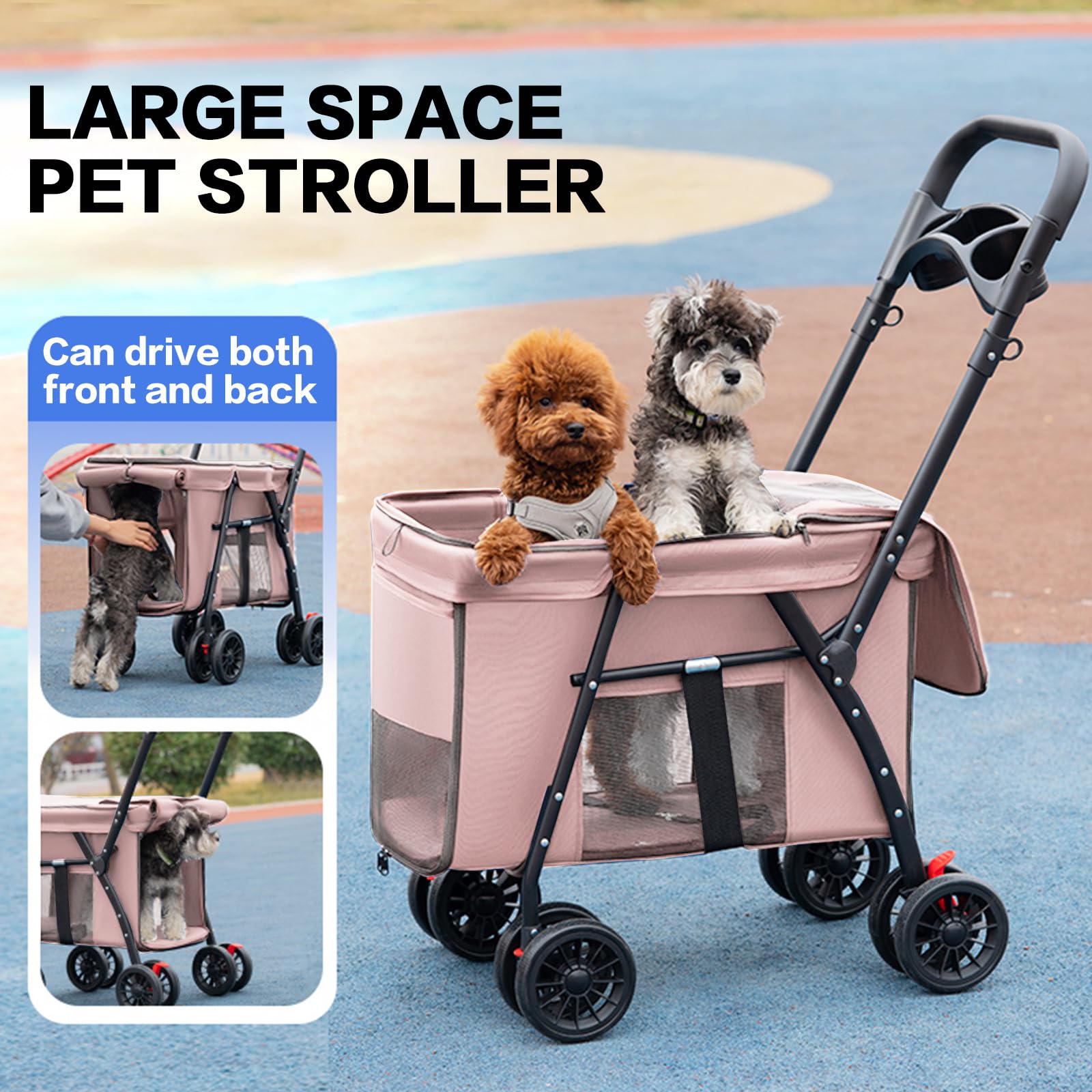 Pet Stroller Cat Dog Stroller Travel Folding Pet Carriers(Pink)