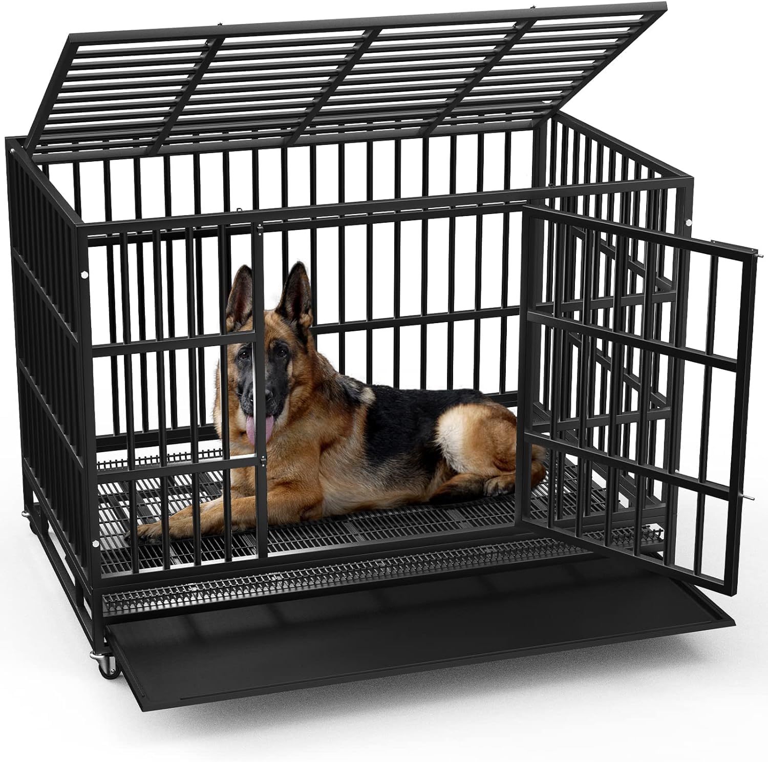 Lemberi 42 Inch Heavy Duty Indestructible Dog Crate, Escape Proof Dog Cage Kennel With Lockable Wheels,High Anxiety Double Door 