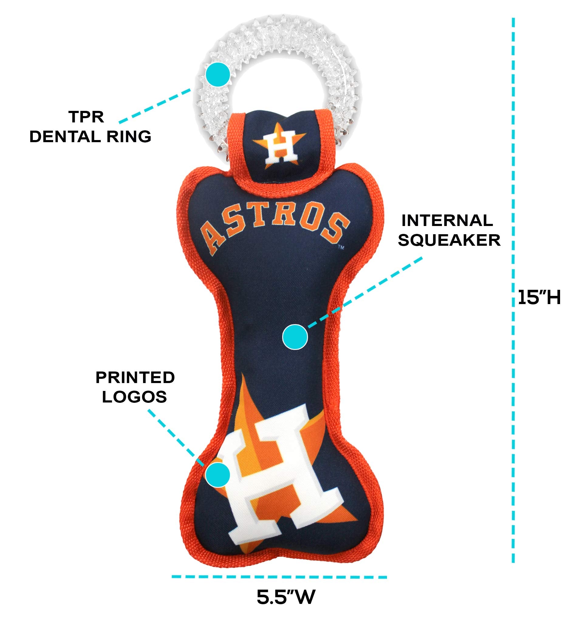 Mlb Houston Astros Bone Shaped Dental Dog Tug Toy With Squeaker. Tough Pet Toy For Healthy Fun, Teething, And Cleaning Pet'S Tee