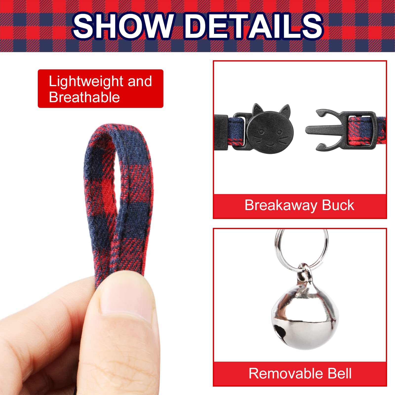 Imikoko 2 Pack of Bow Tie Cat Collar Bandana, Size Adjustable Plaid Cat Collars with Breakaway Bell - for Kitty Cats Puppy Dogs