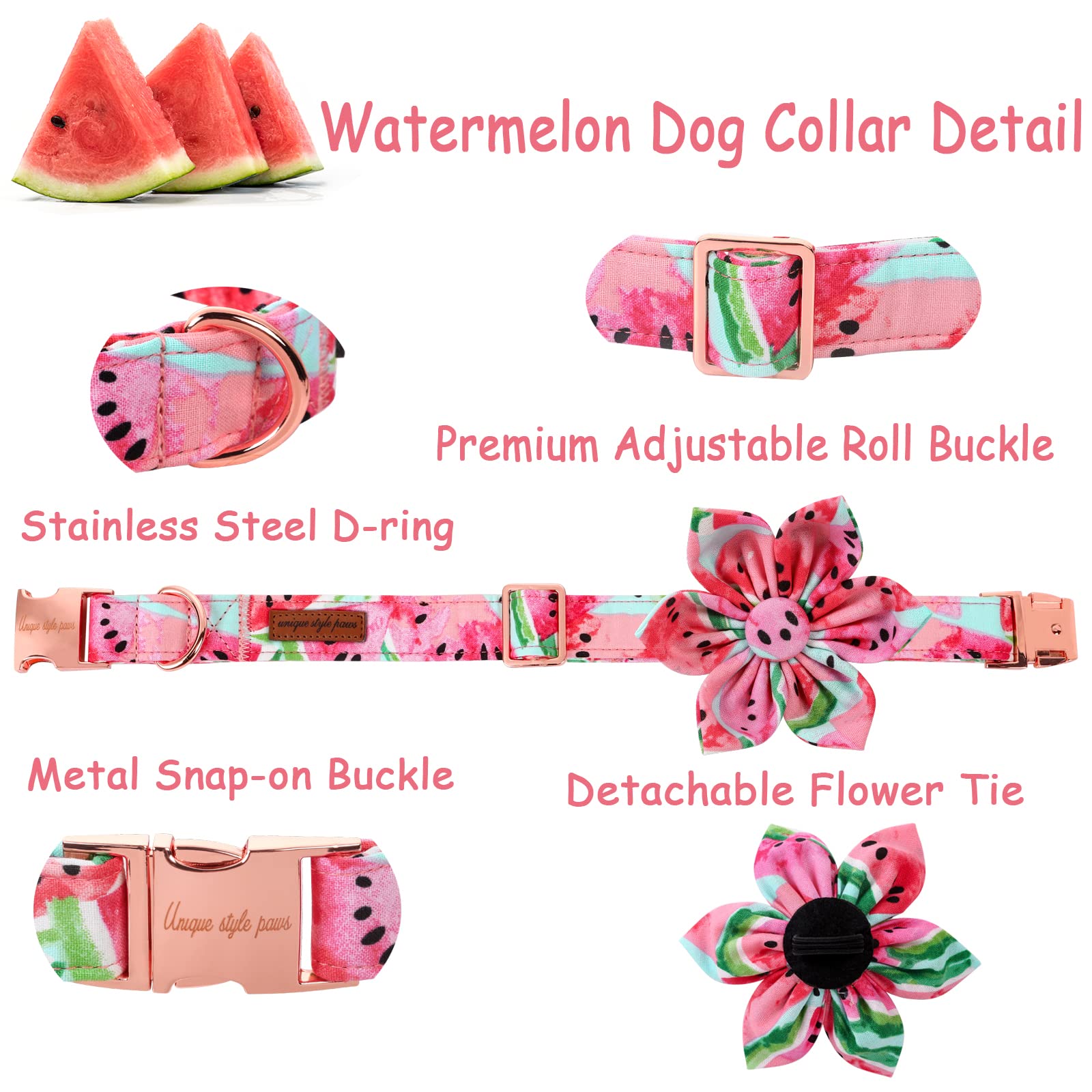 Unique Style Paws Dog Collar With Flower Tie Cotton Watermelon Collar Adjustable Summer Collar For Small Medium Large Dogs - M