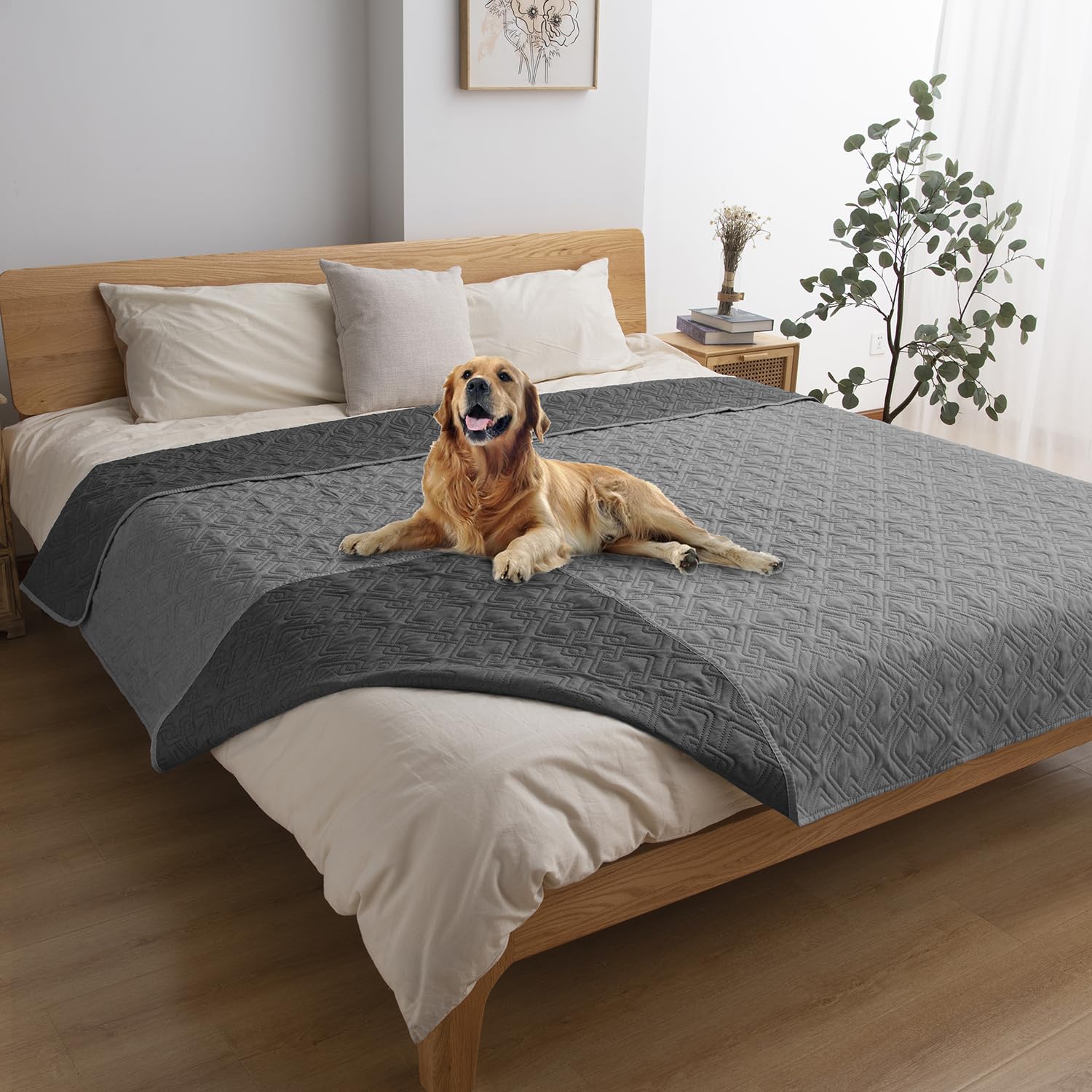 Fuguitex Waterproof Dog Bed Cover Dog Blanket For Pet Furniture Bed Couch Sofa Reversible Linen Texture(82''*82'',Dark Grey+ Lig