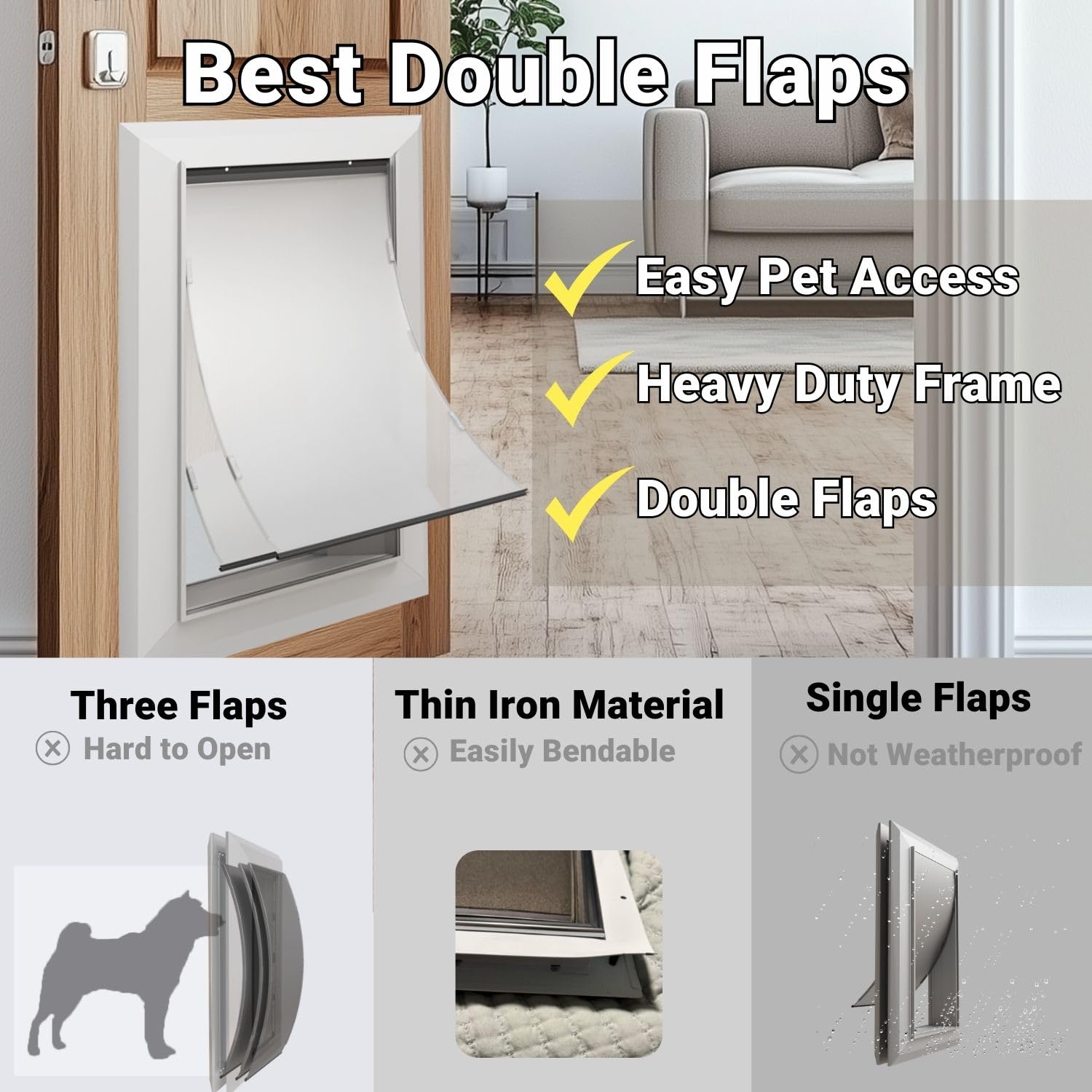 Large Dog Door For Exterior Doors, Cutout Size 12.2''W X 18''H, Heavy Duty Double Flap For Extreme Weather, Energy-Efficient, Ea