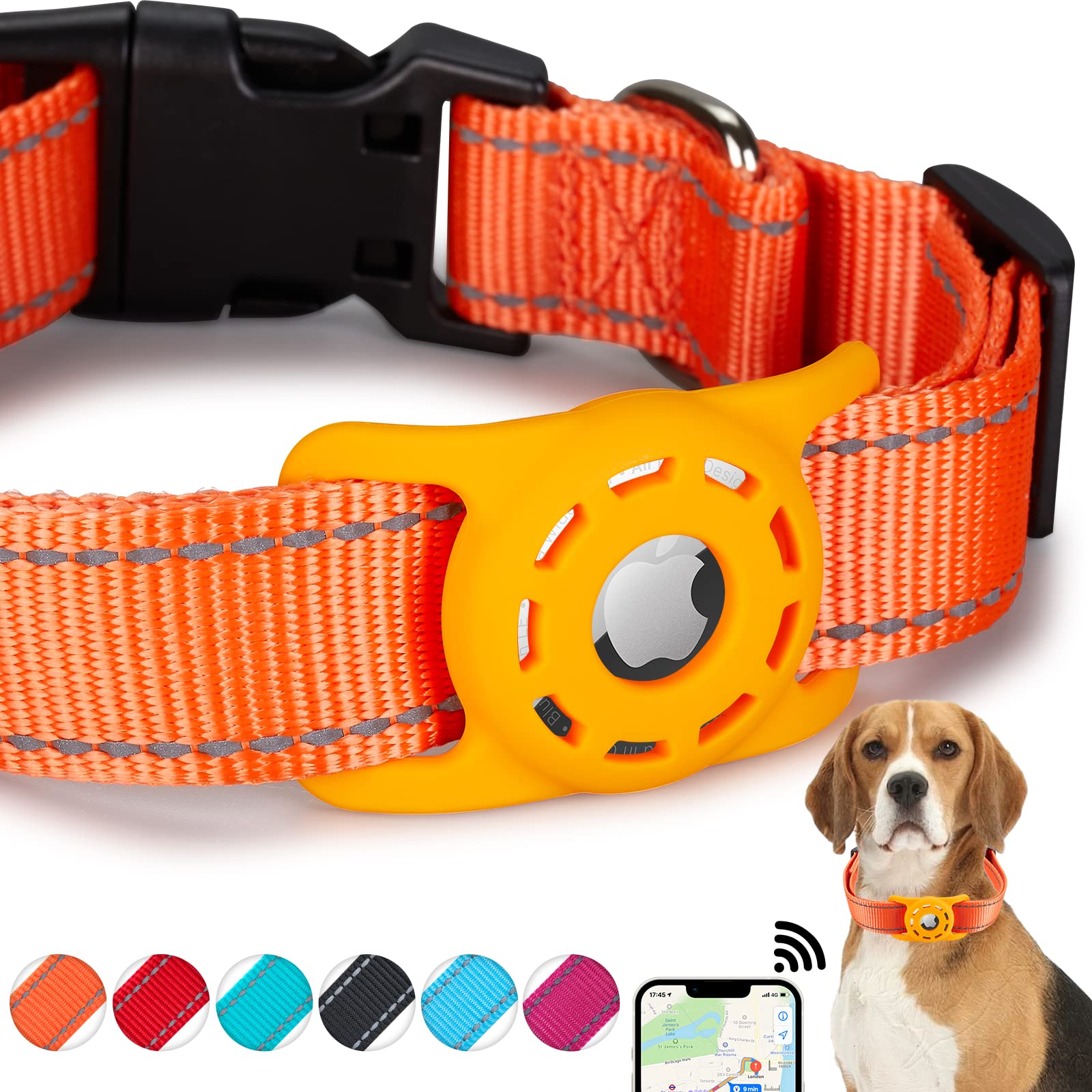 Konity Reflective Airtag Dog Collar, Compatible With Apple Airtag 2021, Nylon Pet Cat Puppy Collar With Silicone Airtag Holder For Small, Medium, Large, And Extra Large Dogs