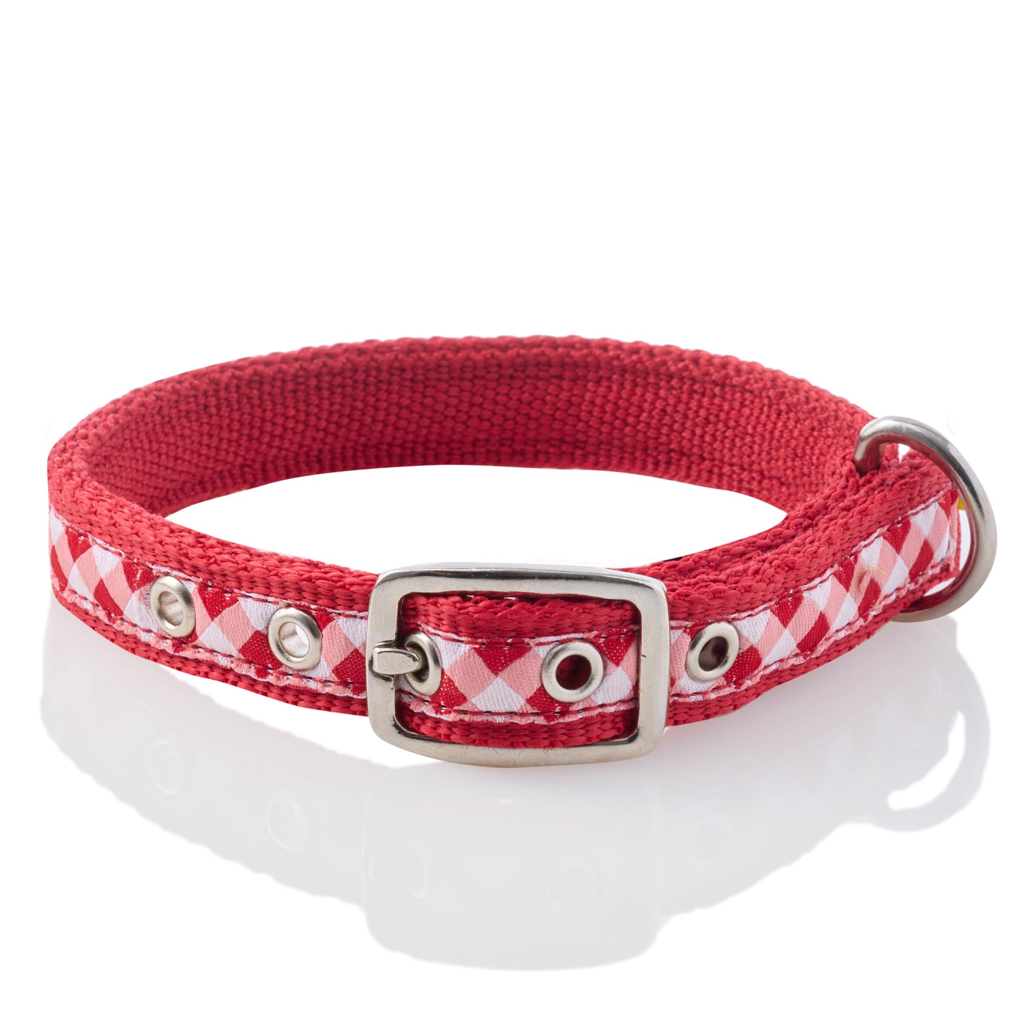 Pet Passion Adjustable Recycled Ribbon Dog Collar For All Pet Breeds, Red Buffalo Plaid, Large