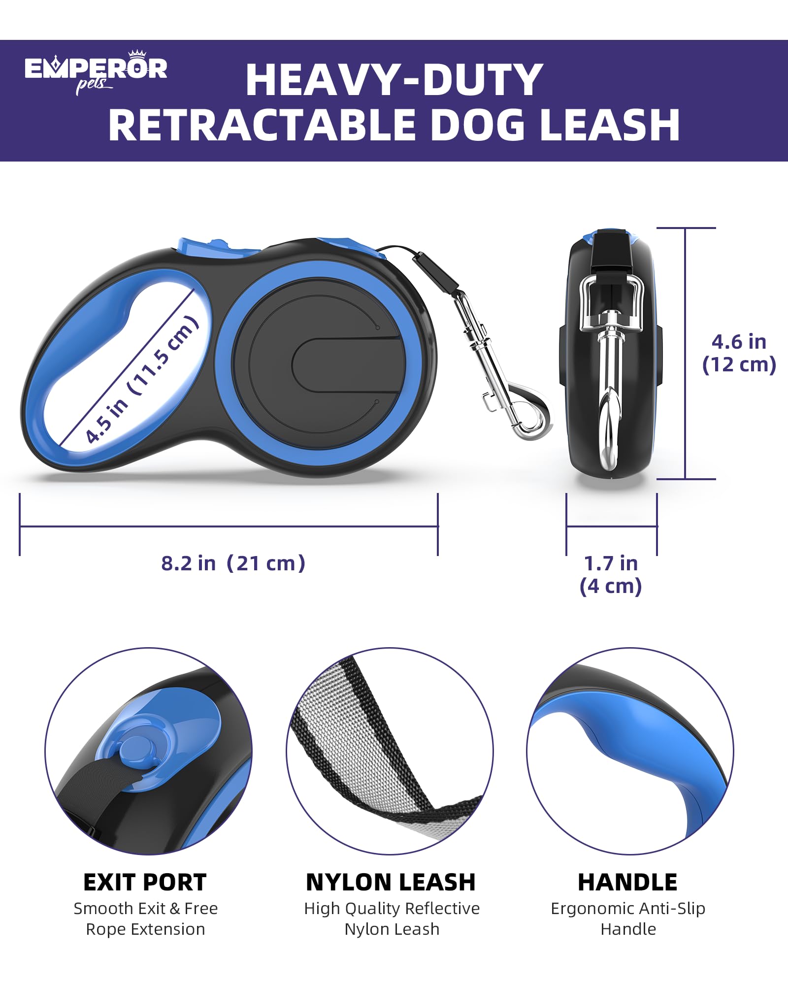 Emperor Pets 26 Ft Retractable Dog Leash - Up To 110Lb, Heavy Duty Dog Leash Retractable 26 Ft, For Large Breed Dogs, Dog Leashes For Medium Dogs -Gy26