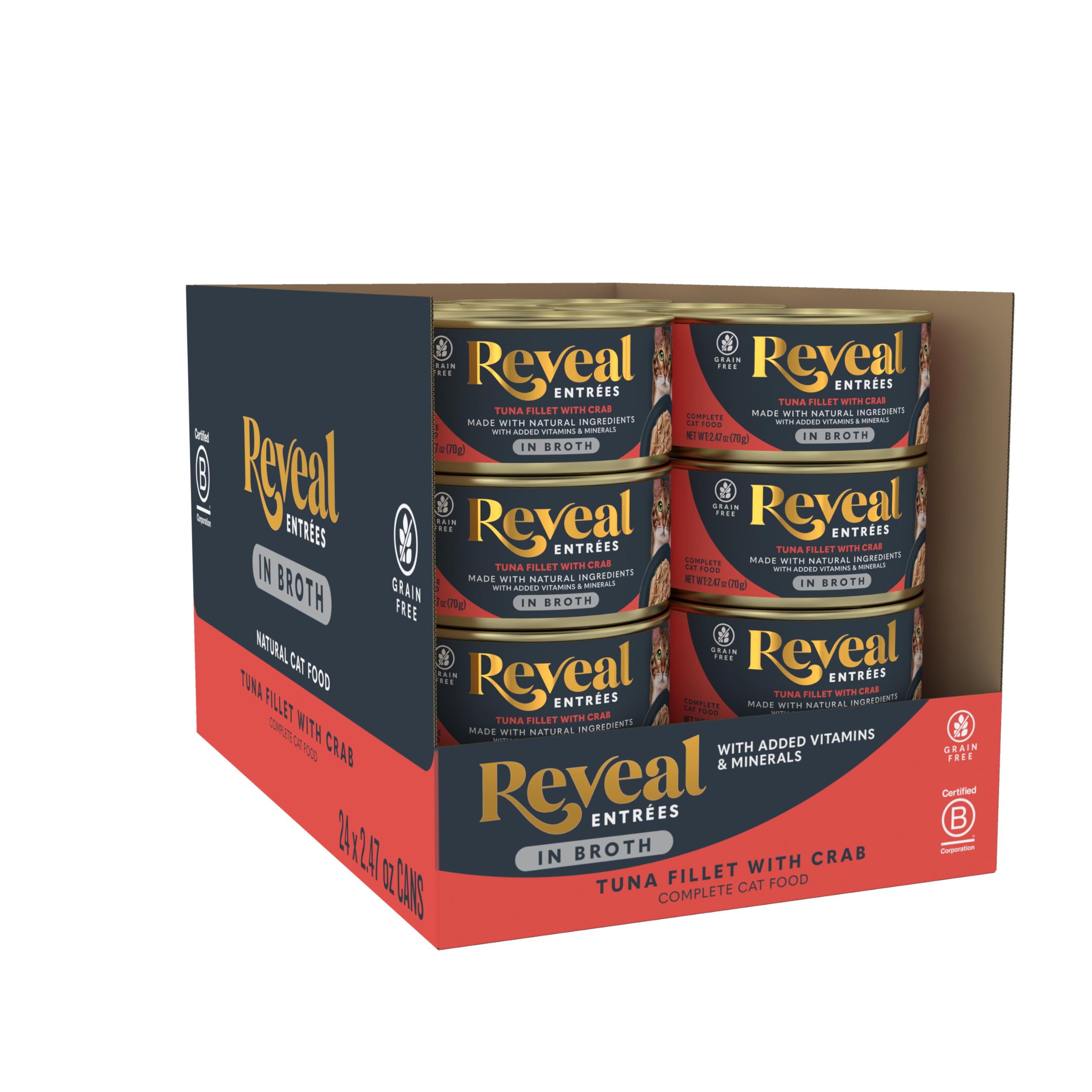Reveal Entr  es Tuna Fillet with Crab Wet Cat Food in Broth, 24-Pack, Protein, Grain-Free with Added Vitamins & Minerals, Carrag